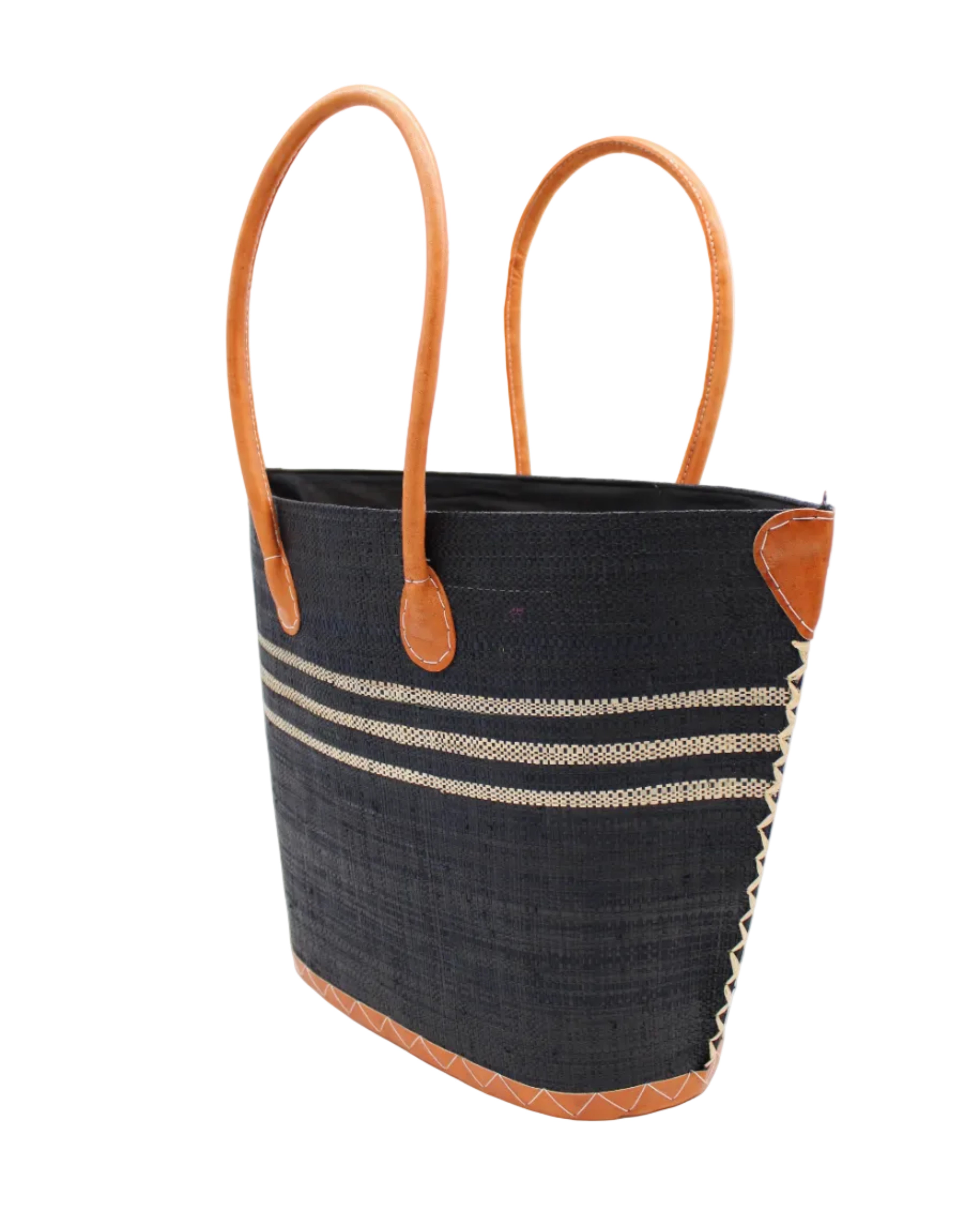 Side view Marina Racing Stripe Small Straw Tote Bag handmade loomed natural raffia palm fiber in a solid hue of black with three horizontal bands of natural straw color making a pinstripe pattern across the top third of the bag with matching cross-stitch edging, leather handles and accents beach bag handbag - Shebobo 