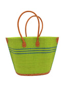 Marina Racing Stripe Small Straw Tote Bag handmade loomed natural raffia palm fiber in a solid hue of midori bright/neon/lime/green with three horizontal bands of turquoise blue/green making a pinstripe pattern across the top third of the bag with matching cross-stitch edging, leather handles and accents beach bag handbag - Shebobo 