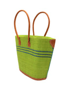 Side view Marina Racing Stripe Small Straw Tote Bag handmade loomed natural raffia palm fiber in a solid hue of midori bright/neon/lime/green with three horizontal bands of turquoise blue/green making a pinstripe pattern across the top third of the bag with matching cross-stitch edging, leather handles and accents beach bag handbag - Shebobo 