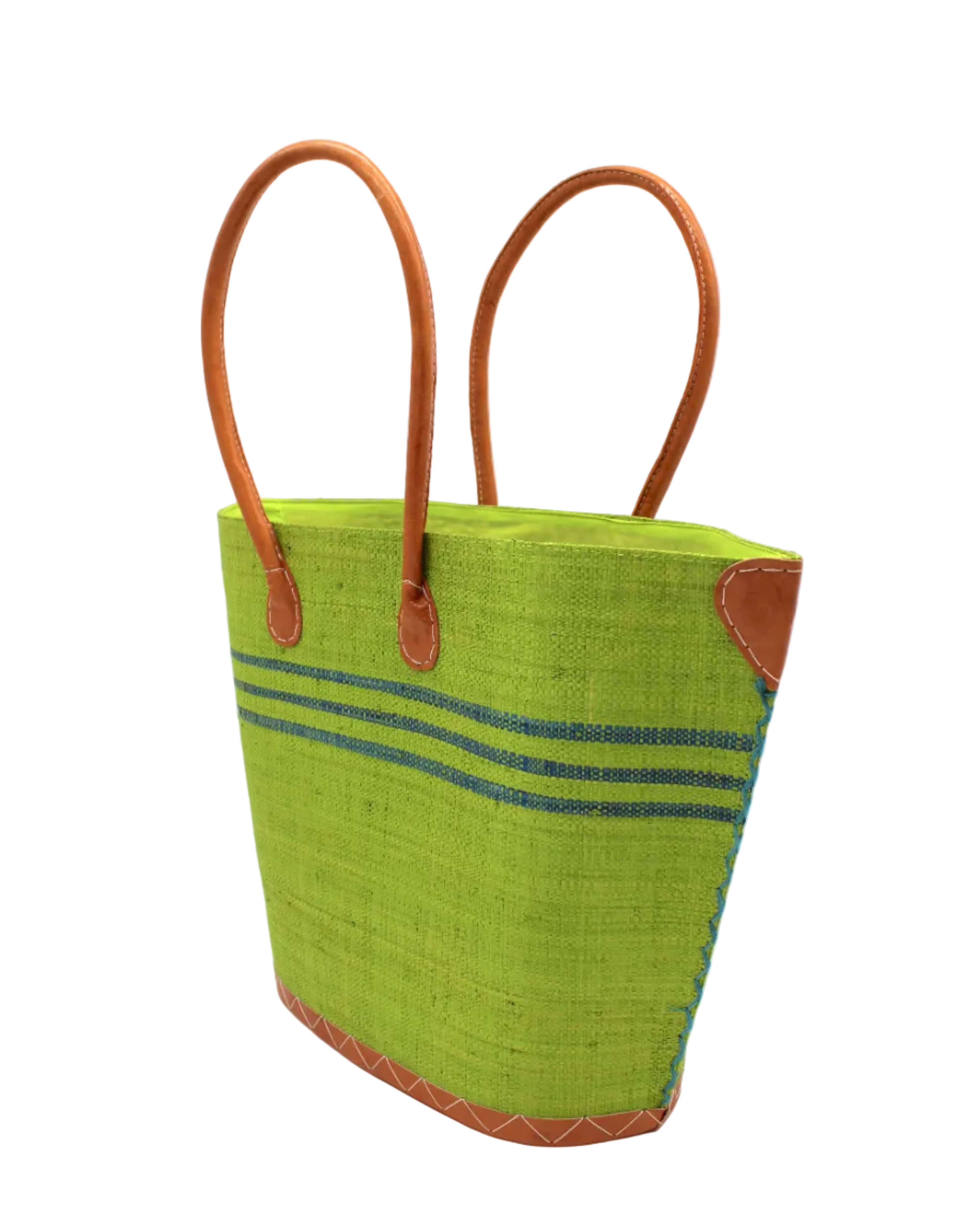 Side view Marina Racing Stripe Small Straw Tote Bag handmade loomed natural raffia palm fiber in a solid hue of midori bright/neon/lime/green with three horizontal bands of turquoise blue/green making a pinstripe pattern across the top third of the bag with matching cross-stitch edging, leather handles and accents beach bag handbag - Shebobo 