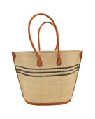 Marina Racing Stripe Small Straw Tote Bag handmade loomed natural raffia palm fiber in a solid hue of natural straw color with three horizontal bands of black making a pinstripe pattern across the top third of the bag with matching cross-stitch edging, leather handles and accents beach bag handbag - Shebobo 
