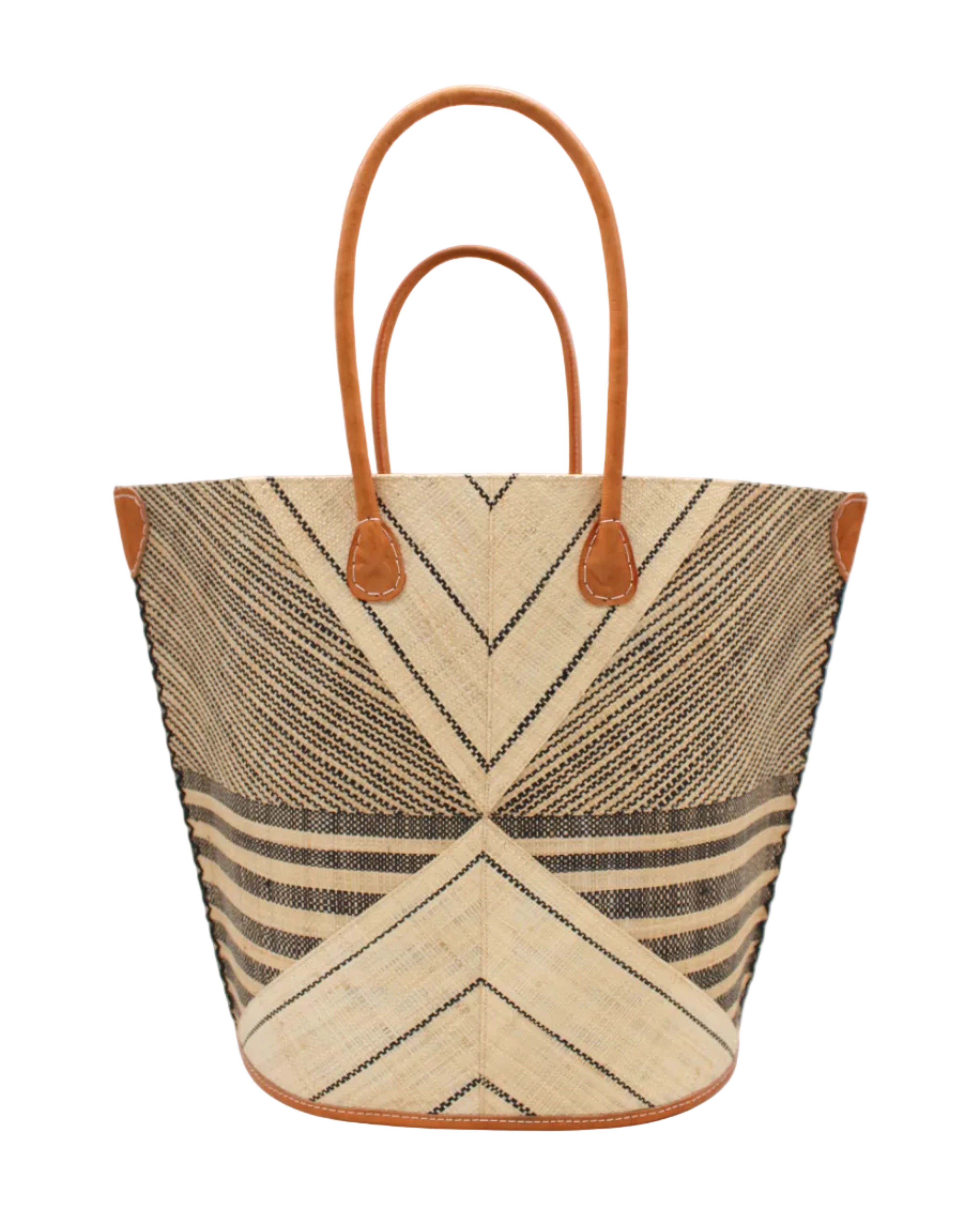 Mariposa Large Straw Tote Bag handmade loomed natural raffia palm fiber in a multi paneled pattern design of pinstripe, melange, and wide stripe combinations geometrically radiating from the center point of the bag outwards in a two tone color combination of Natural straw color and black with a solid hue of color on the back of the bag plus leather handles and embellishments shoulder bag - Shebobo