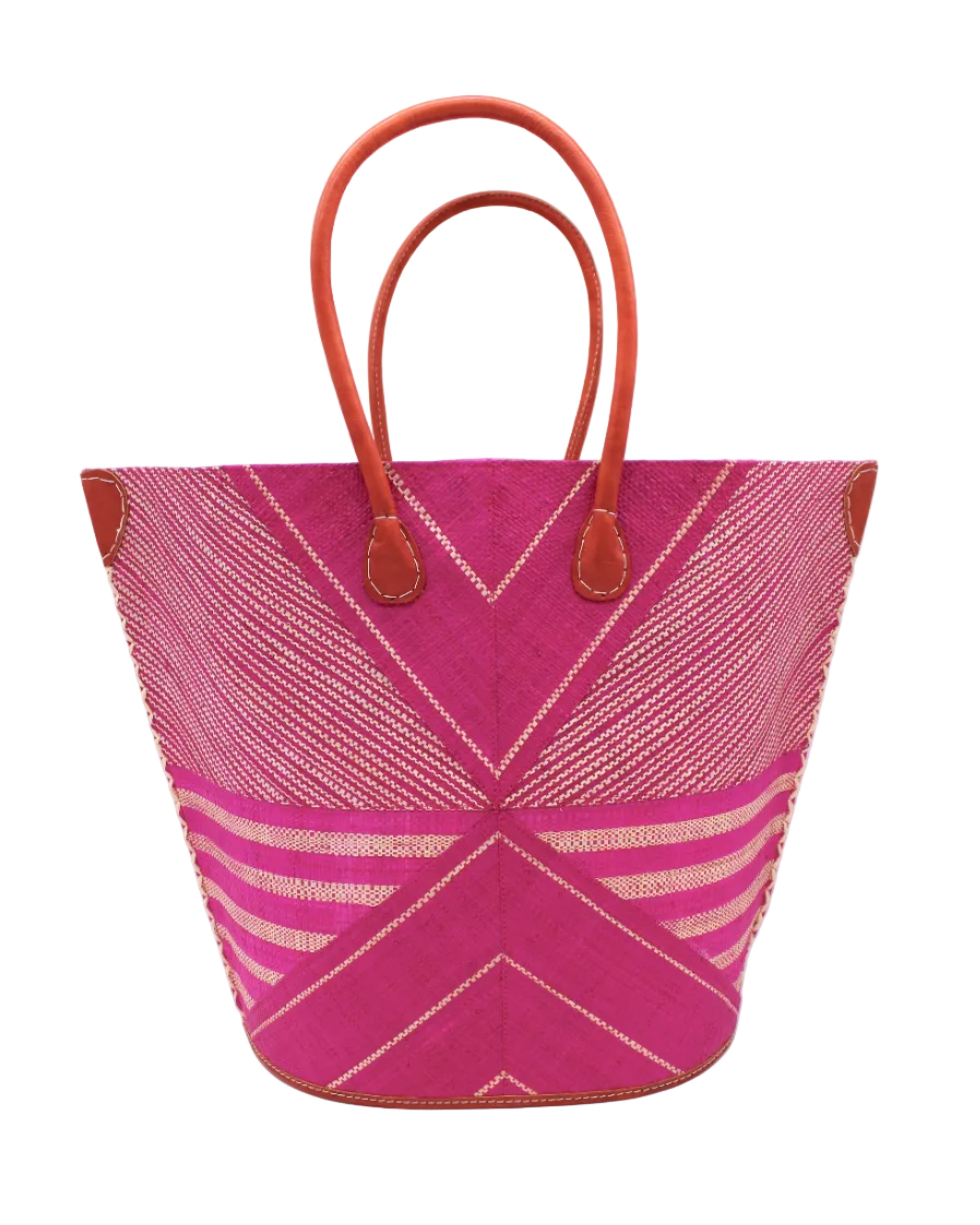 Mariposa Large Straw Tote Bag handmade loomed natural raffia palm fiber in a multi paneled pattern design of pinstripe, melange, and wide stripe combinations geometrically radiating from the center point of the bag outwards in a two tone color combination of Fuchsia hot/bright/barbie/pink and natural straw color with a solid hue of color on the back of the bag plus leather handles and embellishments shoulder bag - Shebobo