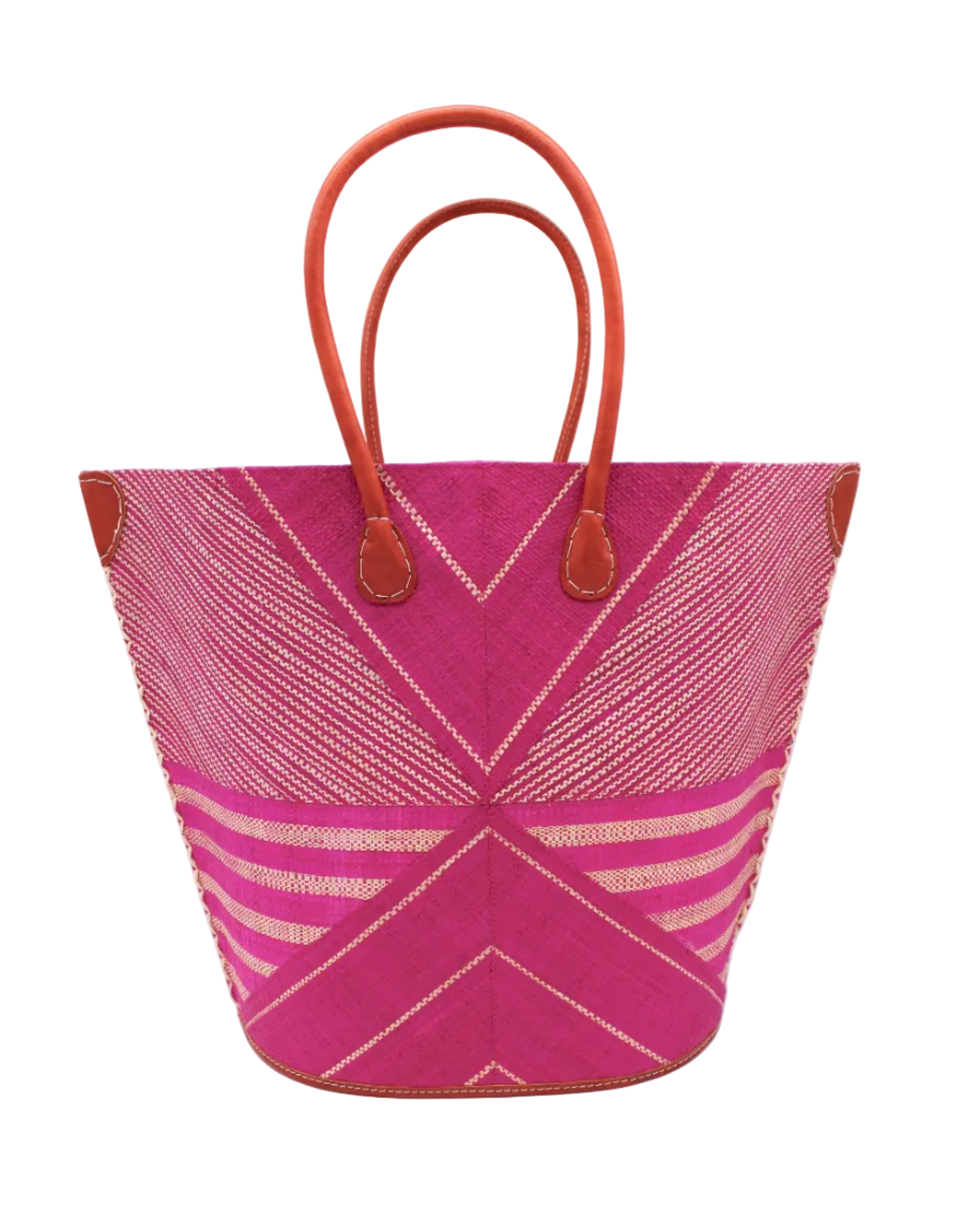 Mariposa Large Straw Tote Bag handmade loomed natural raffia palm fiber in a multi paneled pattern design of pinstripe, melange, and wide stripe combinations geometrically radiating from the center point of the bag outwards in a two tone color combination of Fuchsia hot/bright/barbie/pink and natural straw color with a solid hue of color on the back of the bag plus leather handles and embellishments shoulder bag - Shebobo
