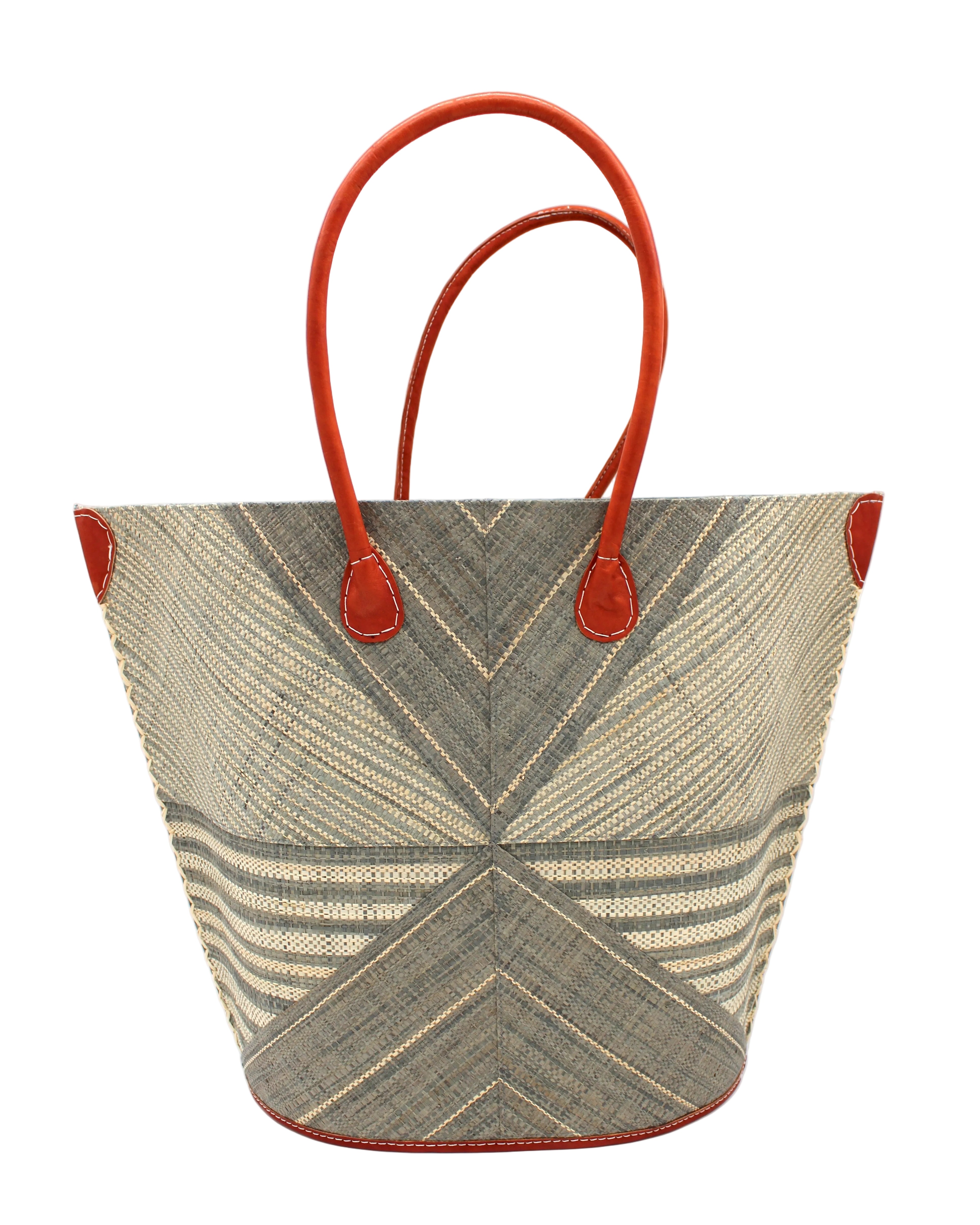 Mariposa Large Straw Tote Bag handmade loomed natural raffia palm fiber in a multi paneled pattern design of pinstripe, melange, and wide stripe combinations geometrically radiating from the center point of the bag outwards in a two tone color combination of Grey and natural straw color with a solid hue of color on the back of the bag plus leather handles and embellishments shoulder bag - Shebobo