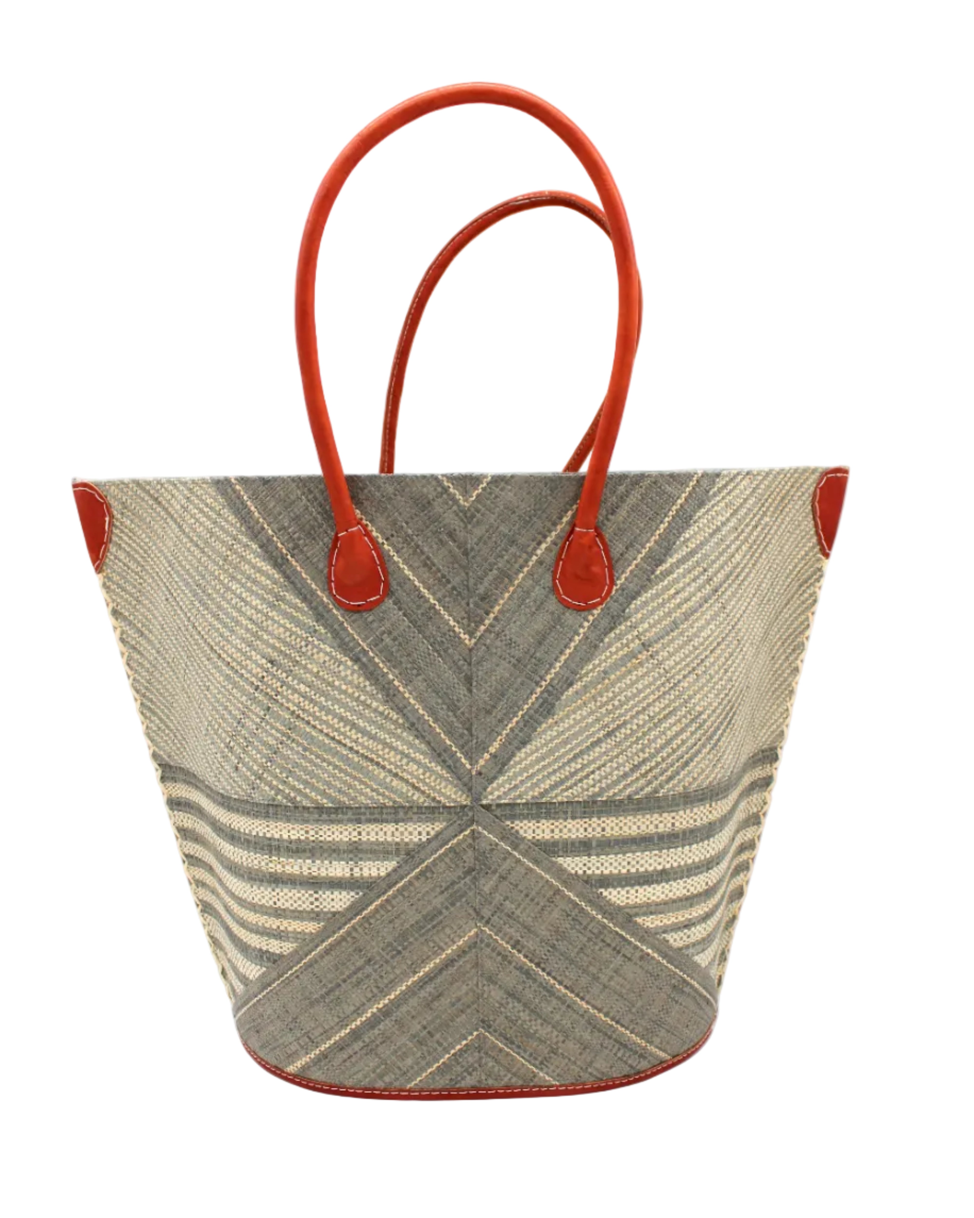 Mariposa Large Straw Tote Bag handmade loomed natural raffia palm fiber in a multi paneled pattern design of pinstripe, melange, and wide stripe combinations geometrically radiating from the center point of the bag outwards in a two tone color combination of Grey and natural straw color with a solid hue of color on the back of the bag plus leather handles and embellishments shoulder bag - Shebobo