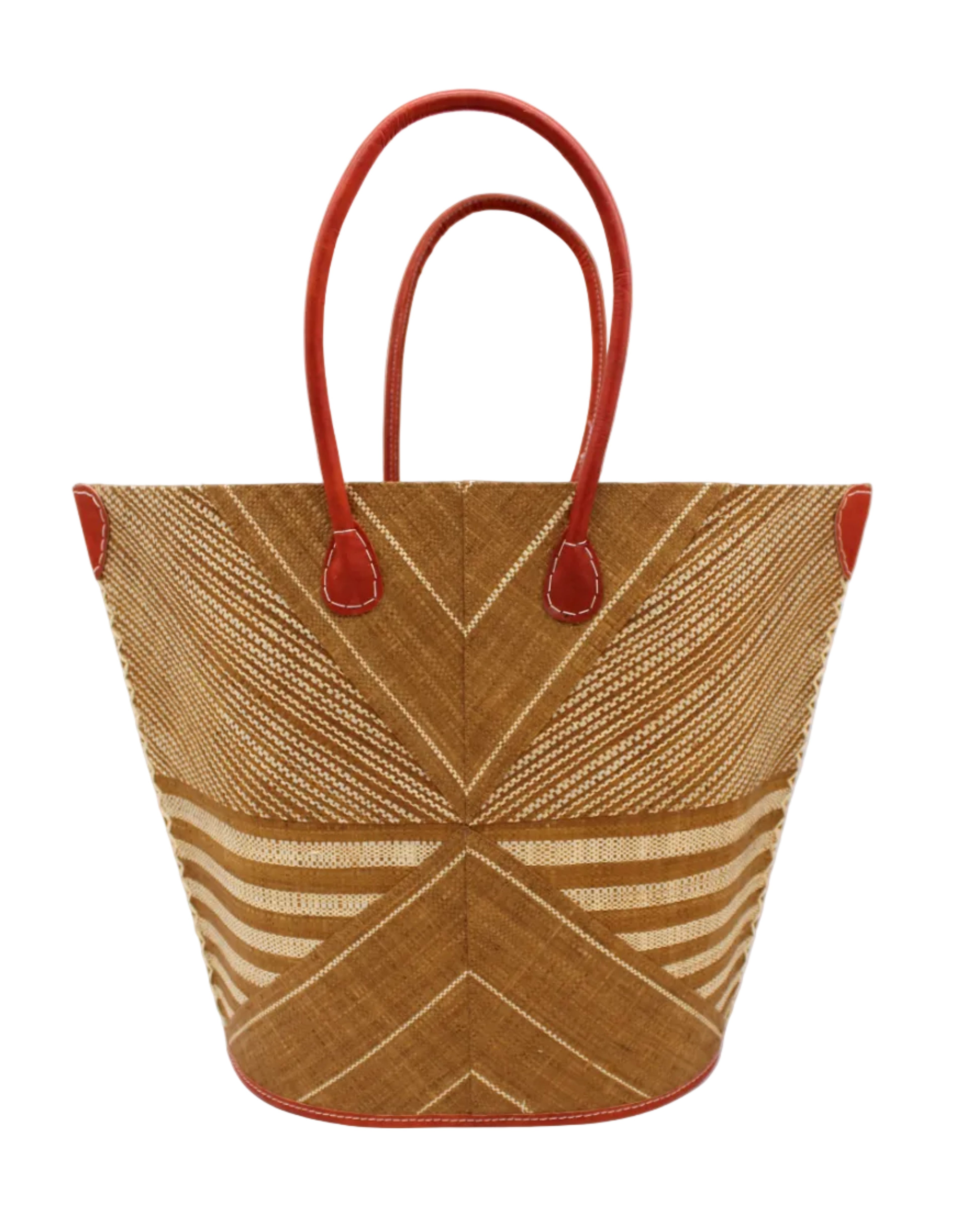 Mariposa Large Straw Tote Bag handmade loomed natural raffia palm fiber in a multi paneled pattern design of pinstripe, melange, and wide stripe combinations geometrically radiating from the center point of the bag outwards in a two tone color combination of Tobacco cinnamon/dark/brown and natural straw color with a solid hue of color on the back of the bag plus leather handles and embellishments shoulder bag - Shebobo