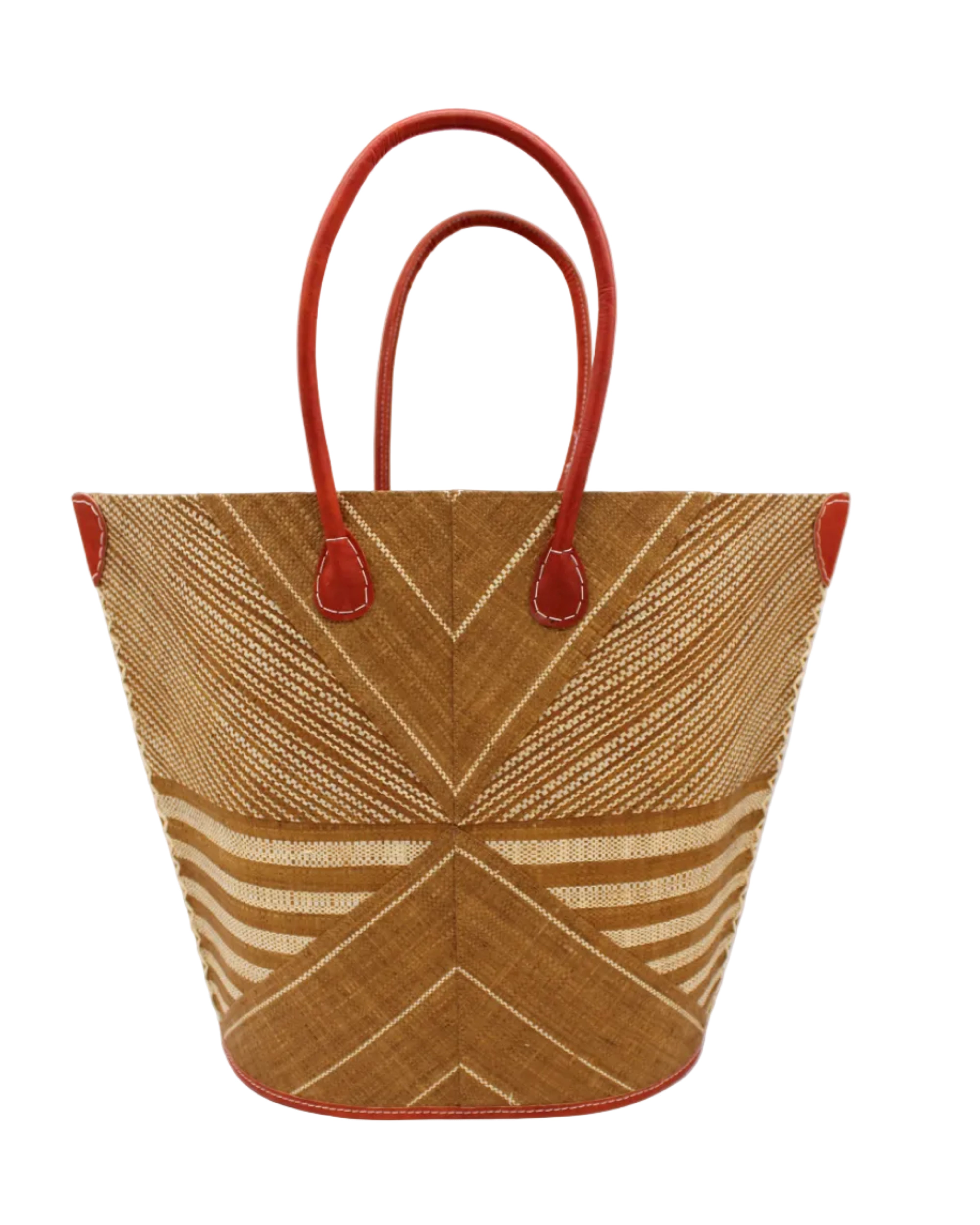 Mariposa Large Straw Tote Bag handmade loomed natural raffia palm fiber in a multi paneled pattern design of pinstripe, melange, and wide stripe combinations geometrically radiating from the center point of the bag outwards in a two tone color combination of Tobacco cinnamon/dark/brown and natural straw color with a solid hue of color on the back of the bag plus leather handles and embellishments shoulder bag - Shebobo