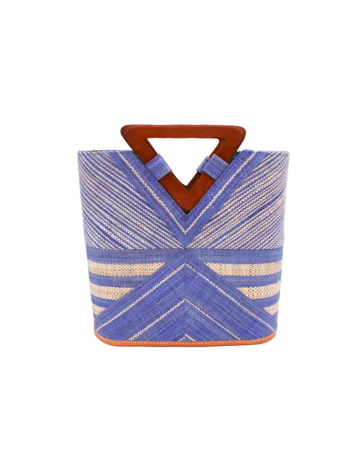 Mariposa Zuki Raffia Straw Bucket Handbag with Wood Triangle Handles  handmade loomed raffia palm fiber in a multi paneled pattern design of pinstripe, melange, and wide stripe combinations geometrically radiating from the center point of the bag outwards in a two tone color combination of Denim and Natural straw color with a solid hue of color on the back of the bag plus carved wooden handles purse - Shebobo