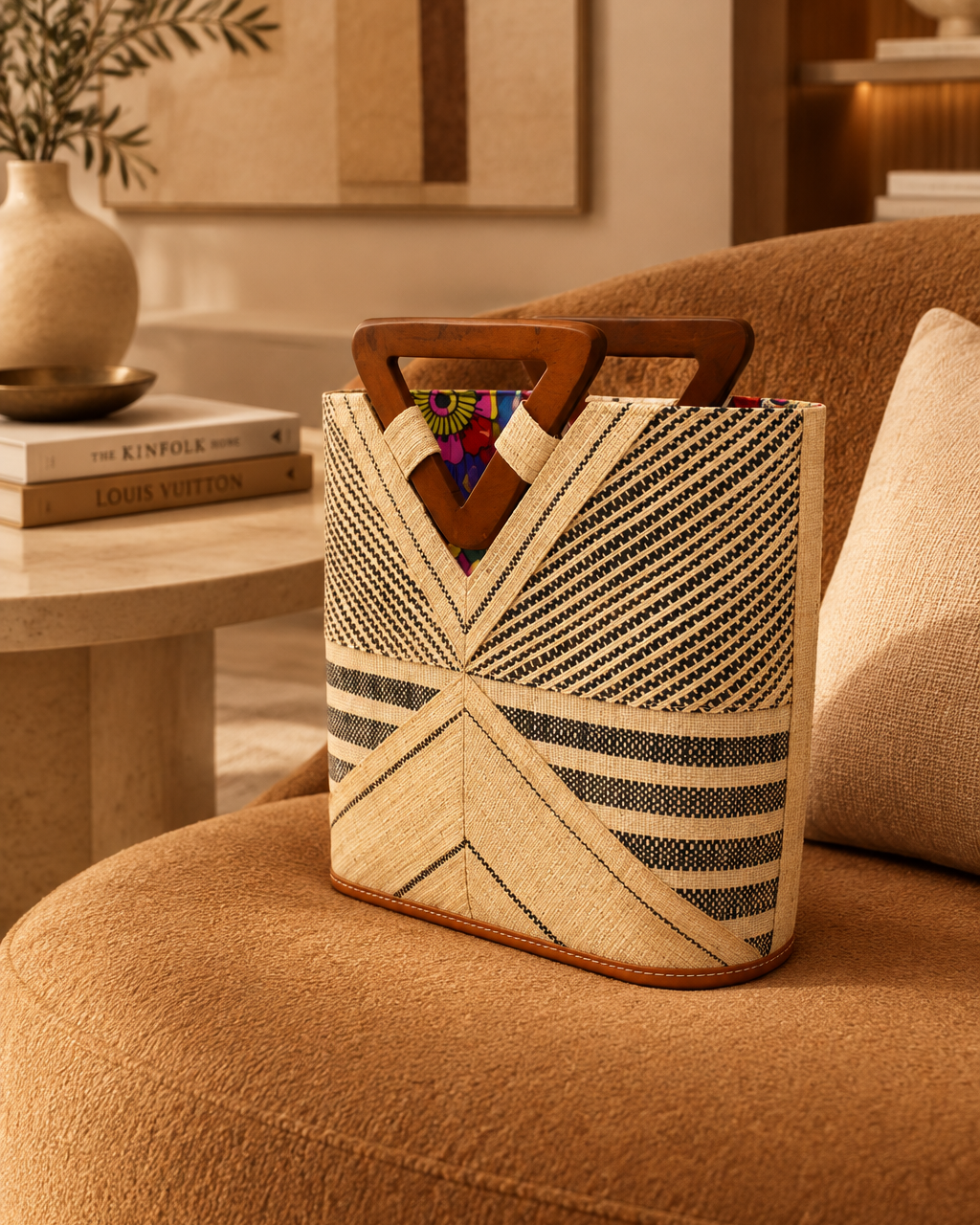 Lifestyle view Mariposa Zuki Raffia Straw Bucket Handbag with Wood Triangle Handles  handmade loomed raffia palm fiber in a multi paneled pattern design of pinstripe, melange, and wide stripe combinations geometrically radiating from the center point of the bag outwards in a two tone color combination of Natural straw color and black with a solid hue of color on the back of the bag plus carved wooden handles purse - Shebobo