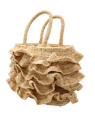 Side view Maryann Ruffle Crochet Straw Basket Handbag handmade crochet natural raffia palm fiber in a solid hue of natural straw color with generous eight tier ruffle horizontally layered around the circumference of the bag and banded link textured handles purse bag - Shebobo