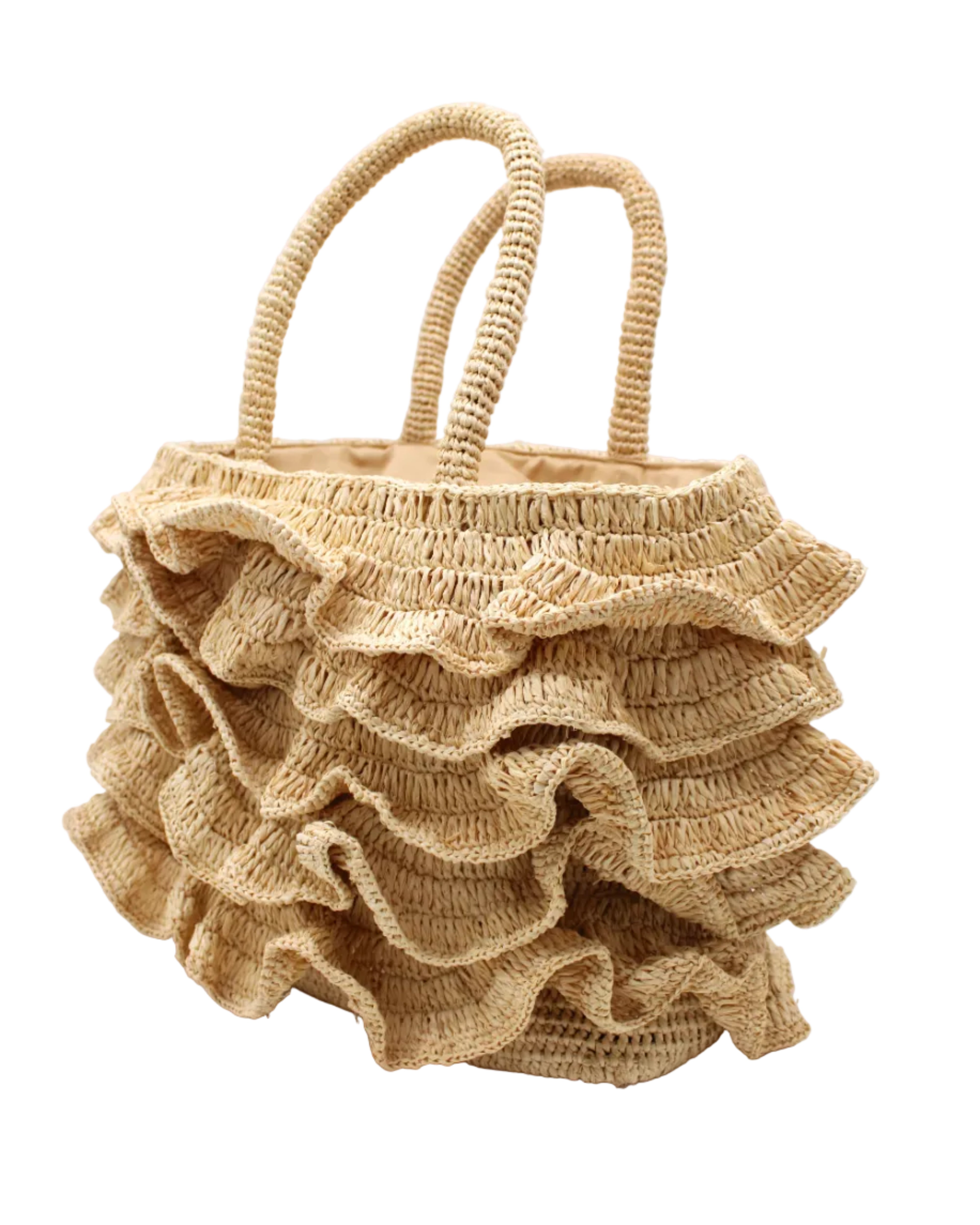 Side view Maryann Ruffle Crochet Straw Basket Handbag handmade crochet natural raffia palm fiber in a solid hue of natural straw color with generous eight tier ruffle horizontally layered around the circumference of the bag and banded link textured handles purse bag - Shebobo