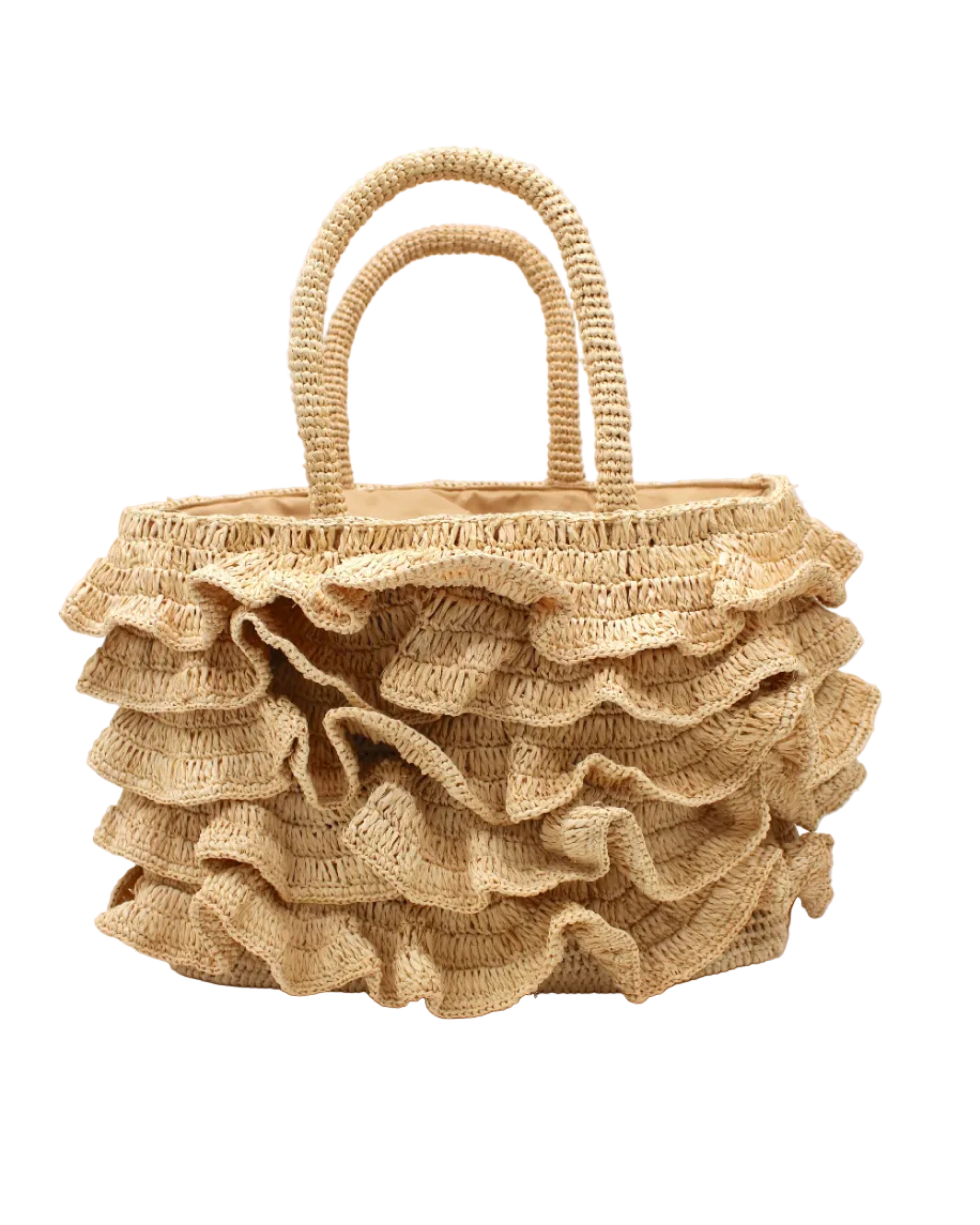 Maryann Ruffle Crochet Straw Basket Handbag handmade crochet natural raffia palm fiber in a solid hue of natural straw color with generous eight tier ruffle horizontally layered around the circumference of the bag and banded link textured handles purse bag - Shebobo
