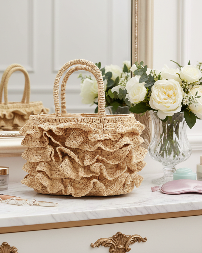 Maryann Ruffle Crochet Straw Basket Handbag handmade crochet natural raffia palm fiber in a solid hue of natural straw color with generous five tier ruffle horizontally layered around the circumference of the bag and banded link textured handles purse bag - Shebobo