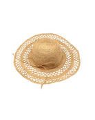 Millie 4.5" Wide Brim Crochet Scallop Pattern Raffia Straw Sun Hat with Adjustable Wire Edge handmade woven natural raffia palm fiber in a solid hue of natural straw color with concentric spiral subtle link pattern starting on the top of the crown outwards with two circular bands of open scallop pattern weave on the brim separated by thicker bands of link texture with matching raffia braid hat band - Shebobo