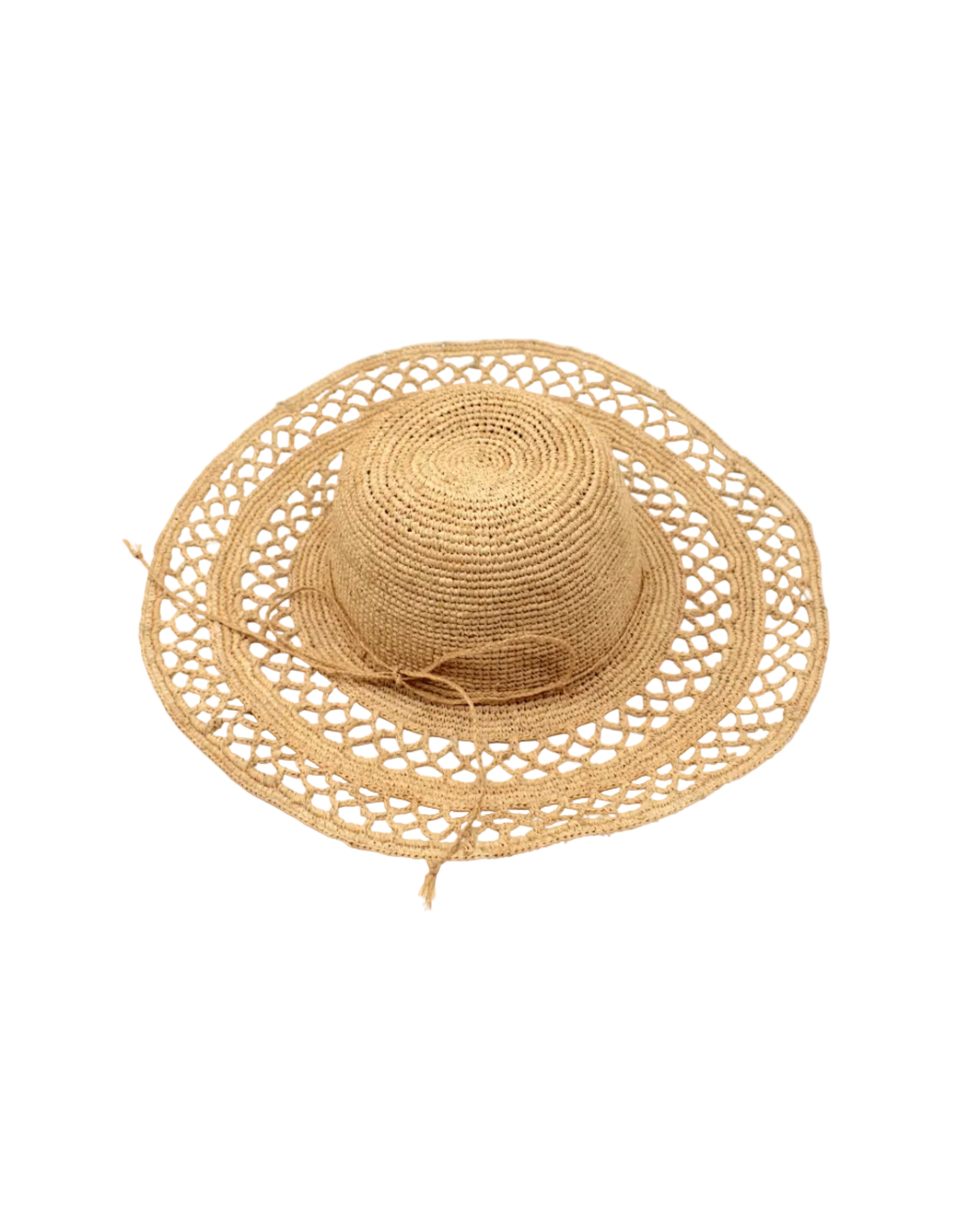 Millie 4.5" Wide Brim Crochet Scallop Pattern Raffia Straw Sun Hat with Adjustable Wire Edge handmade woven natural raffia palm fiber in a solid hue of natural straw color with concentric spiral subtle link pattern starting on the top of the crown outwards with two circular bands of open scallop pattern weave on the brim separated by thicker bands of link texture with matching raffia braid hat band - Shebobo