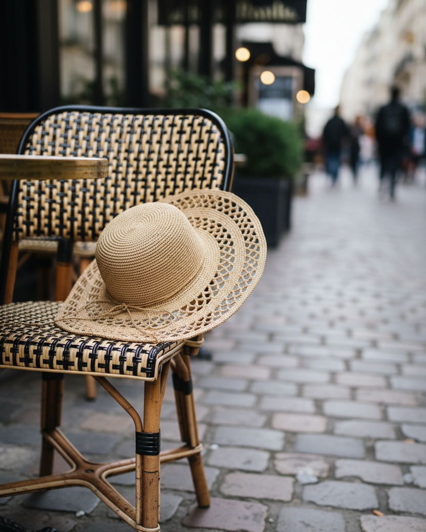Lifestyle view Millie 4.5" Wide Brim Crochet Scallop Pattern Raffia Straw Sun Hat with Adjustable Wire Edge handmade woven natural raffia palm fiber in a solid hue of natural straw color with concentric spiral subtle link pattern starting on the top of the crown outwards with two circular bands of open scallop pattern weave on the brim separated by thicker bands of link texture with matching raffia braid hat band - Shebobo