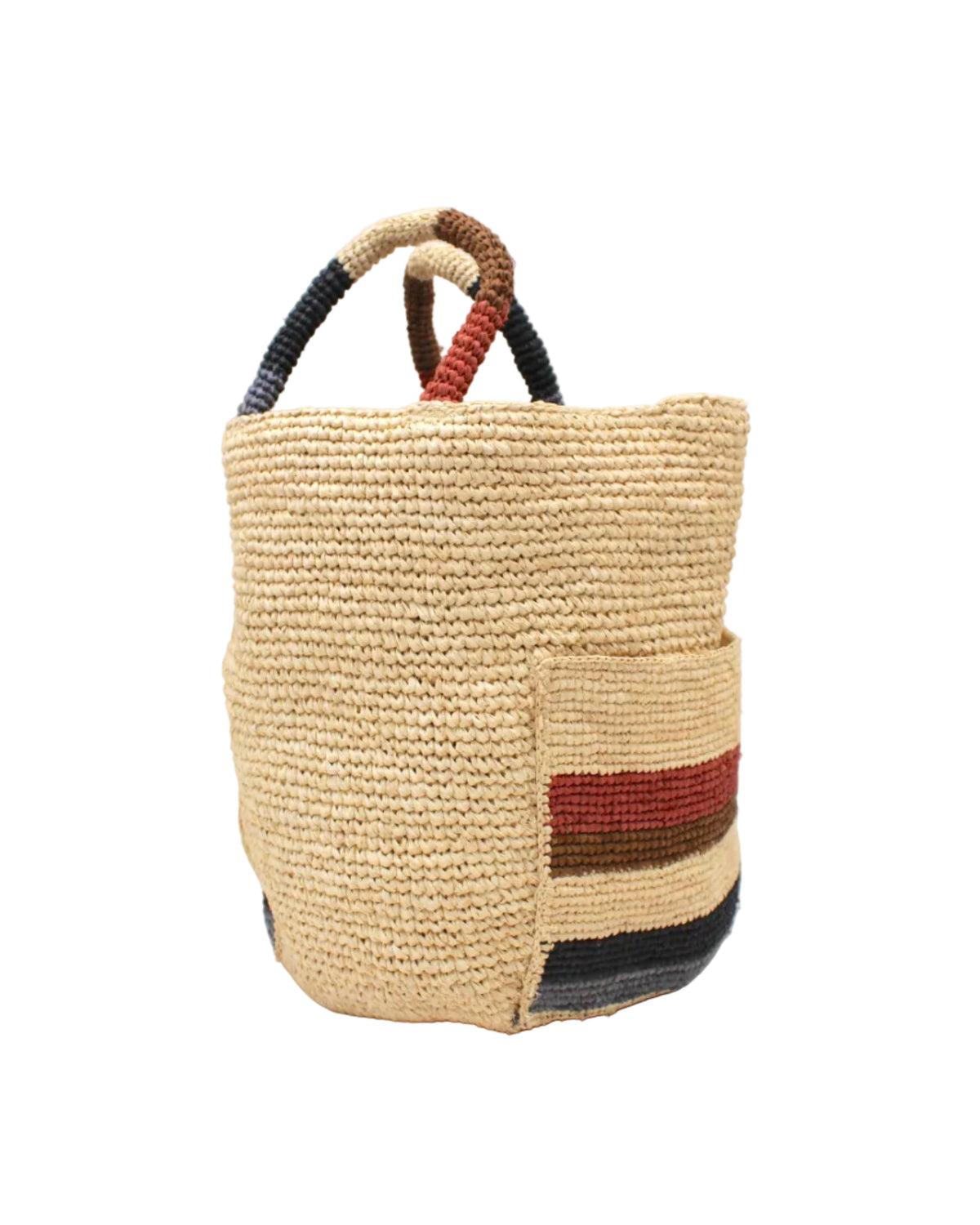 Side view Milos Monaco Stripes Crochet Straw Basket Handbag with Pockets handmade natural raffia palm fiber in a solid hue of natural straw color on the body of the bag with multicolor wide stripe pattern of blush orange/pink, tobacco dark/cinnamon/brown, black, and gray on both handles as well as two large external pockets tote bag - Shebobo