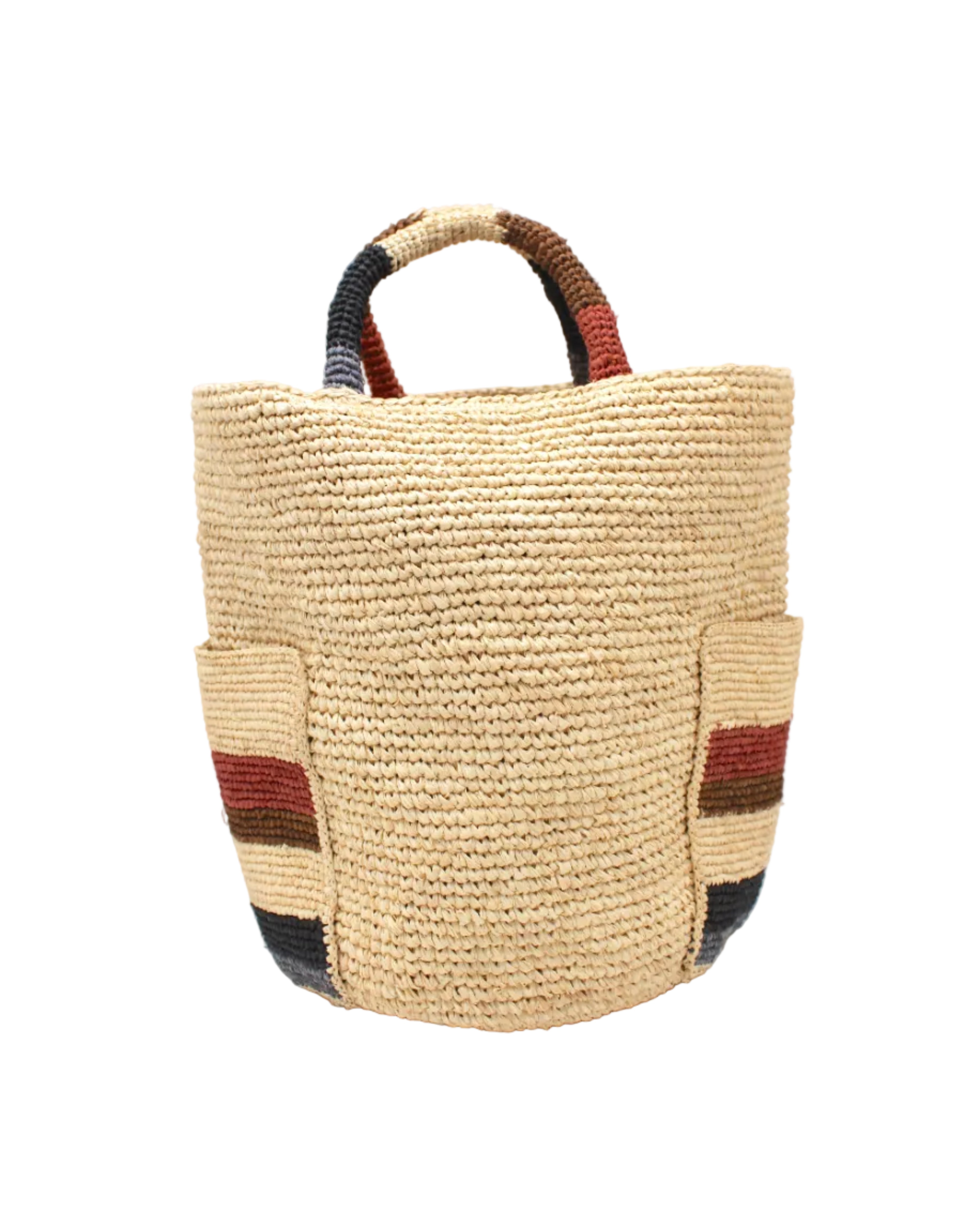 Milos Monaco Stripes Crochet Straw Basket Handbag with Pockets handmade natural raffia palm fiber in a solid hue of natural straw color on the body of the bag with multicolor wide stripe pattern of blush orange/pink, tobacco dark/cinnamon/brown, black, and gray on both handles as well as two large external pockets tote bag - Shebobo