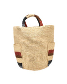 Milos Monaco Stripes Crochet Straw Basket Handbag with Pockets handmade natural raffia palm fiber in a solid hue of natural straw color on the body of the bag with multicolor wide stripe pattern of blush orange/pink, tobacco dark/cinnamon/brown, black, and gray on both handles as well as two large external pockets tote bag - Shebobo
