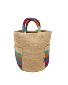 Milos Caribbean Stripes Crochet Straw Basket Handbag with Pockets handmade natural raffia palm fiber in a solid hue of natural straw color on the body of the bag with multicolor wide stripe pattern of turquoise blue/green, fuchsia hot/bright/barbie/pink, denim retro/light/blue, saffron yellow/orange, and seafoam light/blue/green on both handles as well as two large external pockets tote bag - Shebobo