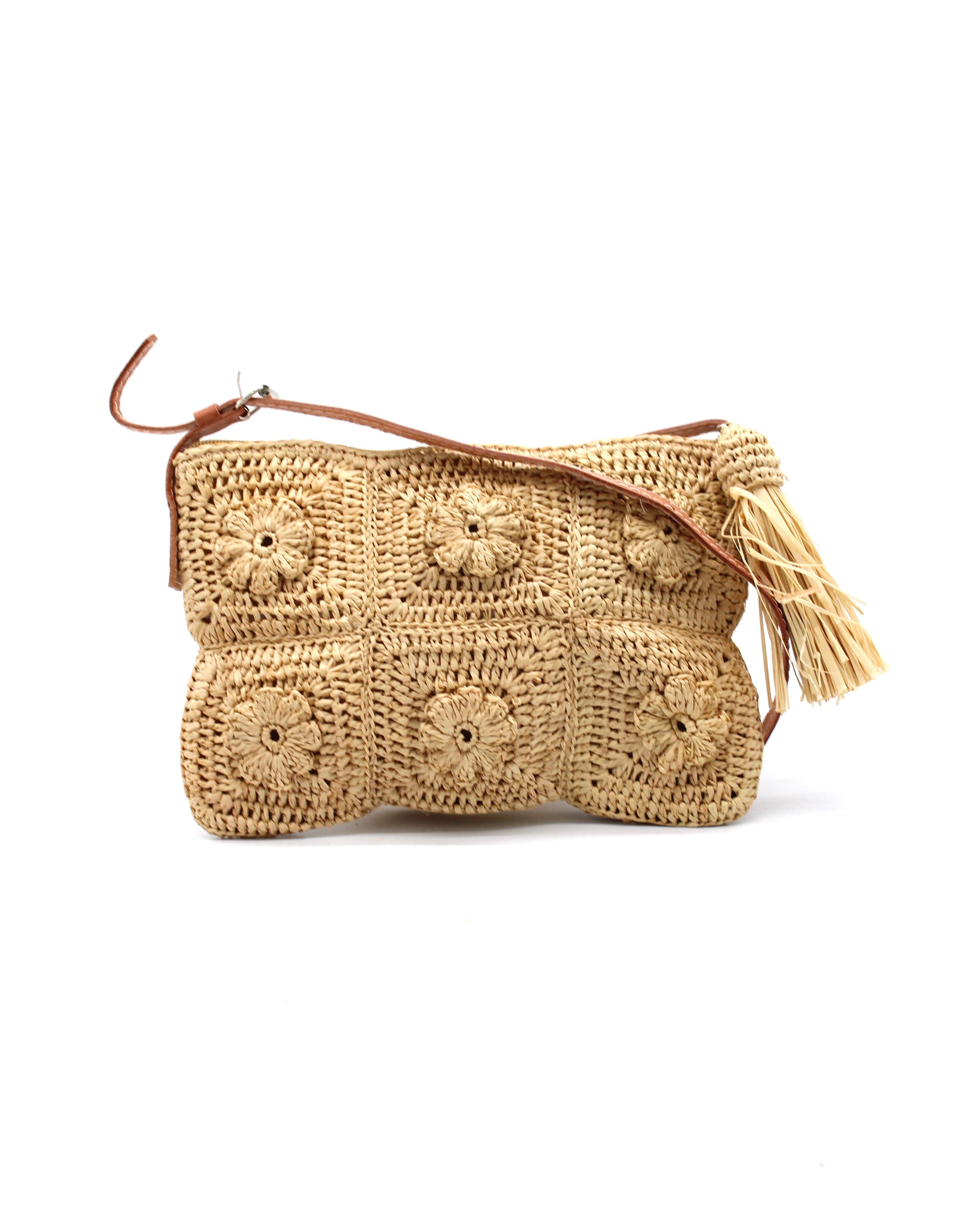 Mimi handmade crochet granny square geometric square and floral pattern natural crochet crossbody bag straw purse with leather strap - Shebobo