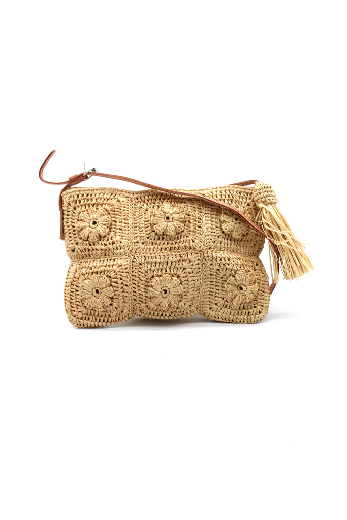 Mimi handmade crochet granny square geometric square and floral pattern natural crochet crossbody bag straw purse with leather strap - Shebobo