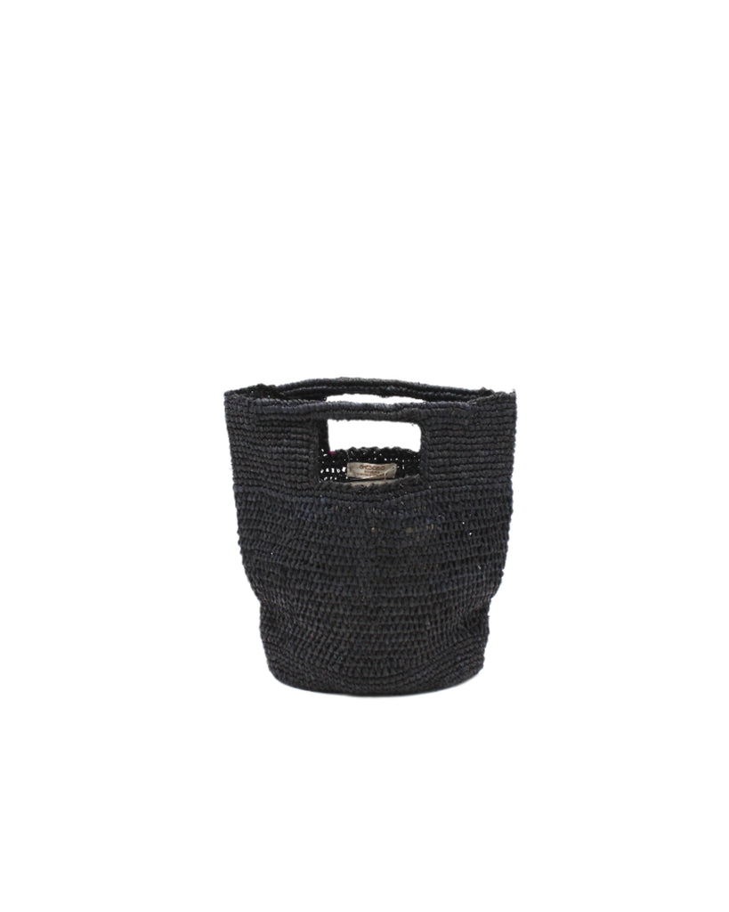 Mini ConCon Crochet Petite Straw Basket handmade woven raffia palm fiber in a solid hue of black making a textured link pattern handbag purse small bag - Shebobo