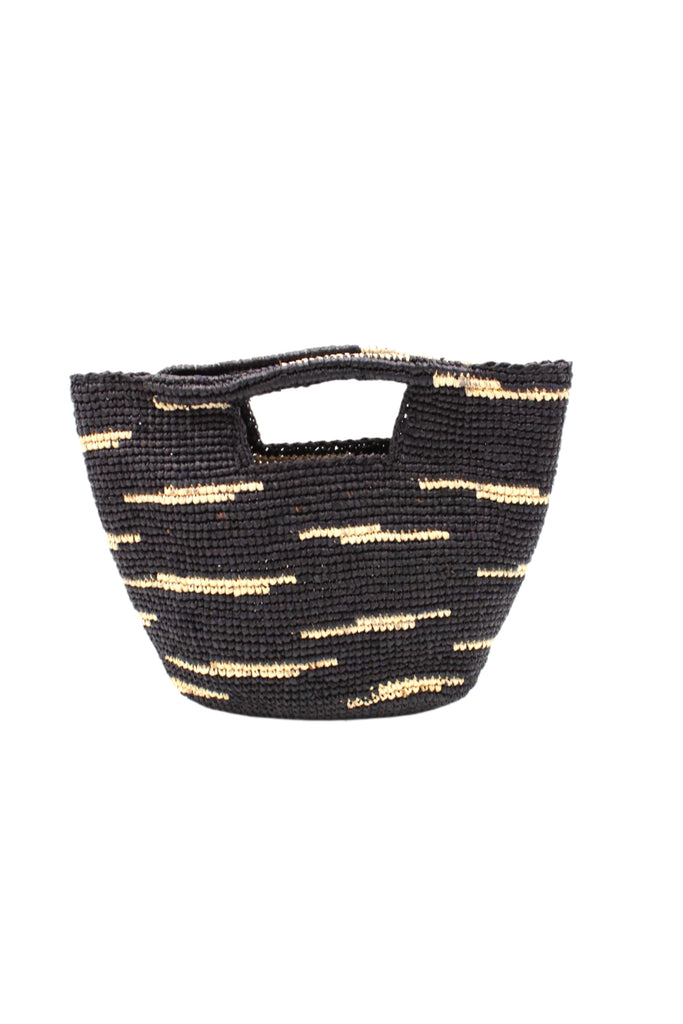 Taylor Mini ConCon Crochet Black Straw Basket with Zebra Stripes handmade raffia palm fiber in a horizontal zebra stripe with short lengths of contrasting color in a dash pattern of black with natural straw color accent petite handbag purse - Shebobo