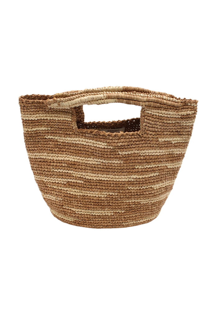 Taylor Mini ConCon Crochet Cappuccino Straw Basket with Zebra Stripes handmade raffia palm fiber in a horizontal zebra stripe with short lengths of contrasting color in a dash pattern of cappuccino light brown with natural straw color accent petite handbag purse - Shebobo