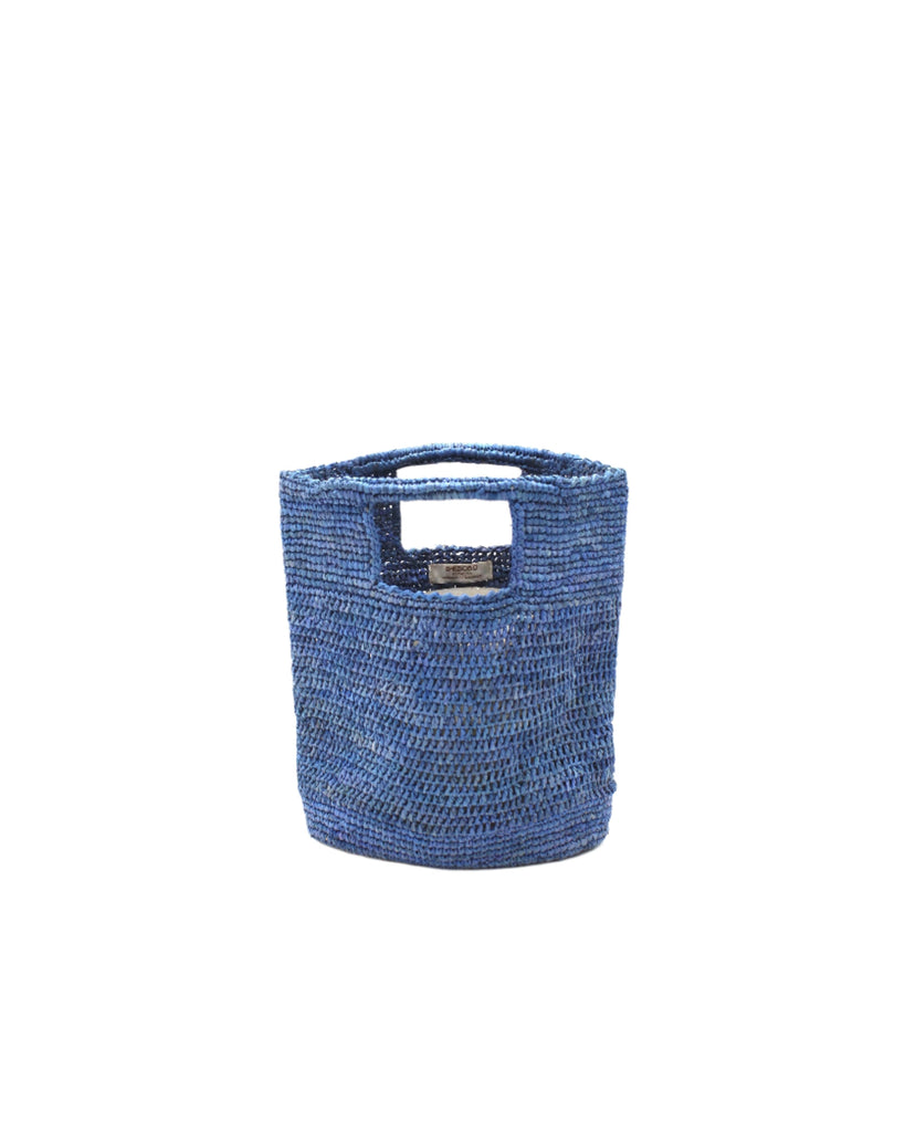 Mini ConCon Crochet Petite Straw Basket handmade woven raffia palm fiber in a solid hue of denim retro/light/blue making a textured link pattern handbag purse small bag - Shebobo