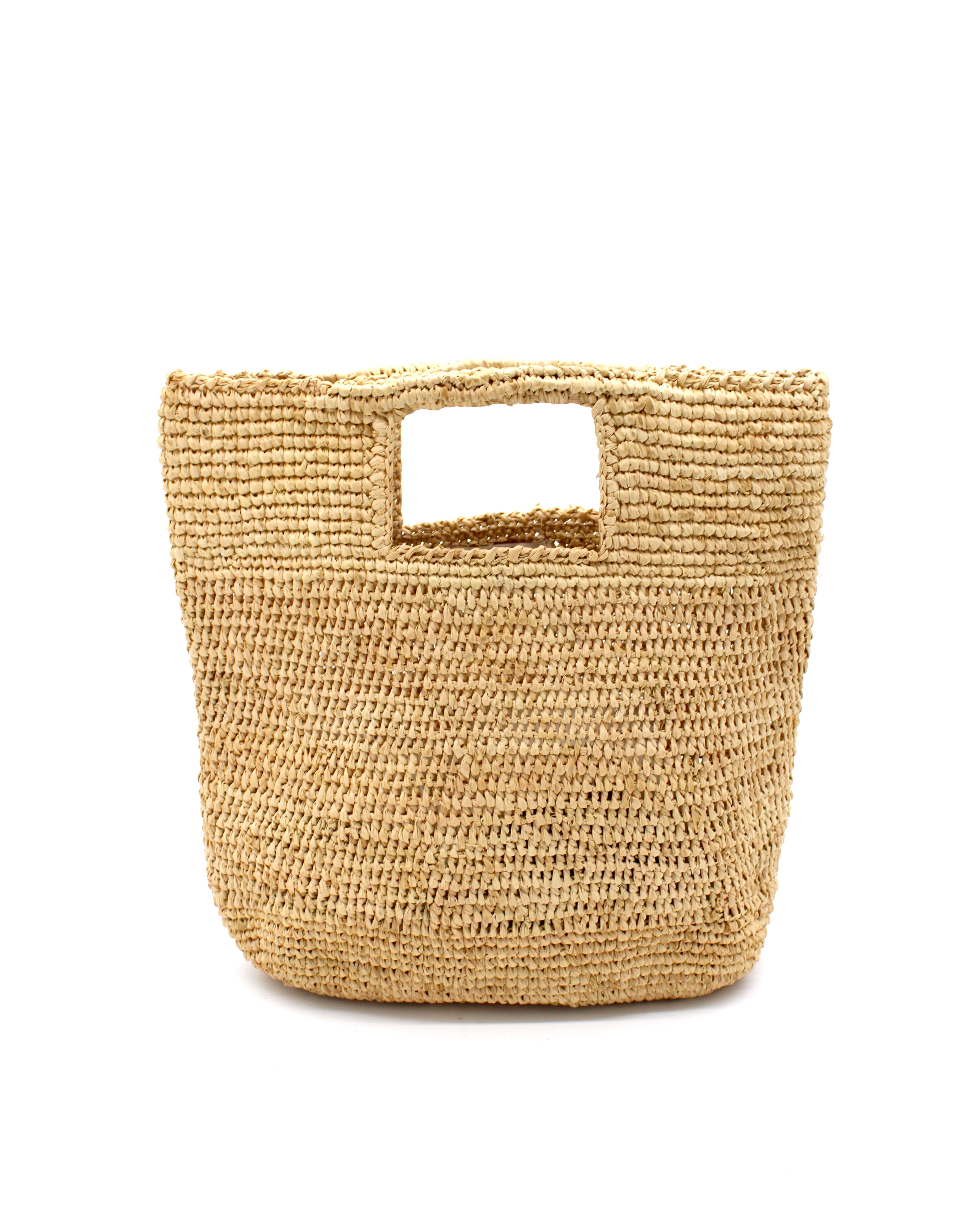 Mini ConCon Crochet Petite Straw Basket handmade woven raffia palm fiber in a solid hue of natural straw color making a textured link pattern handbag purse small bag - Shebobo