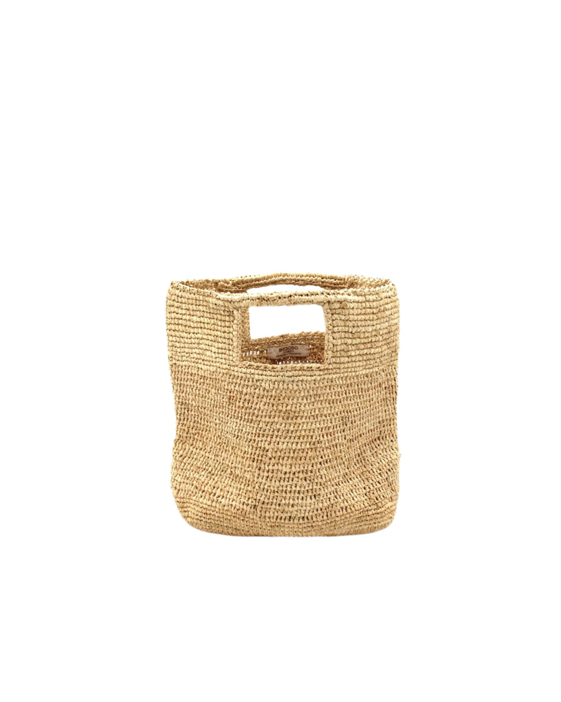 Mini ConCon Crochet Petite Straw Basket handmade woven raffia palm fiber in a solid hue of natural straw color making a textured link pattern handbag purse small bag - Shebobo