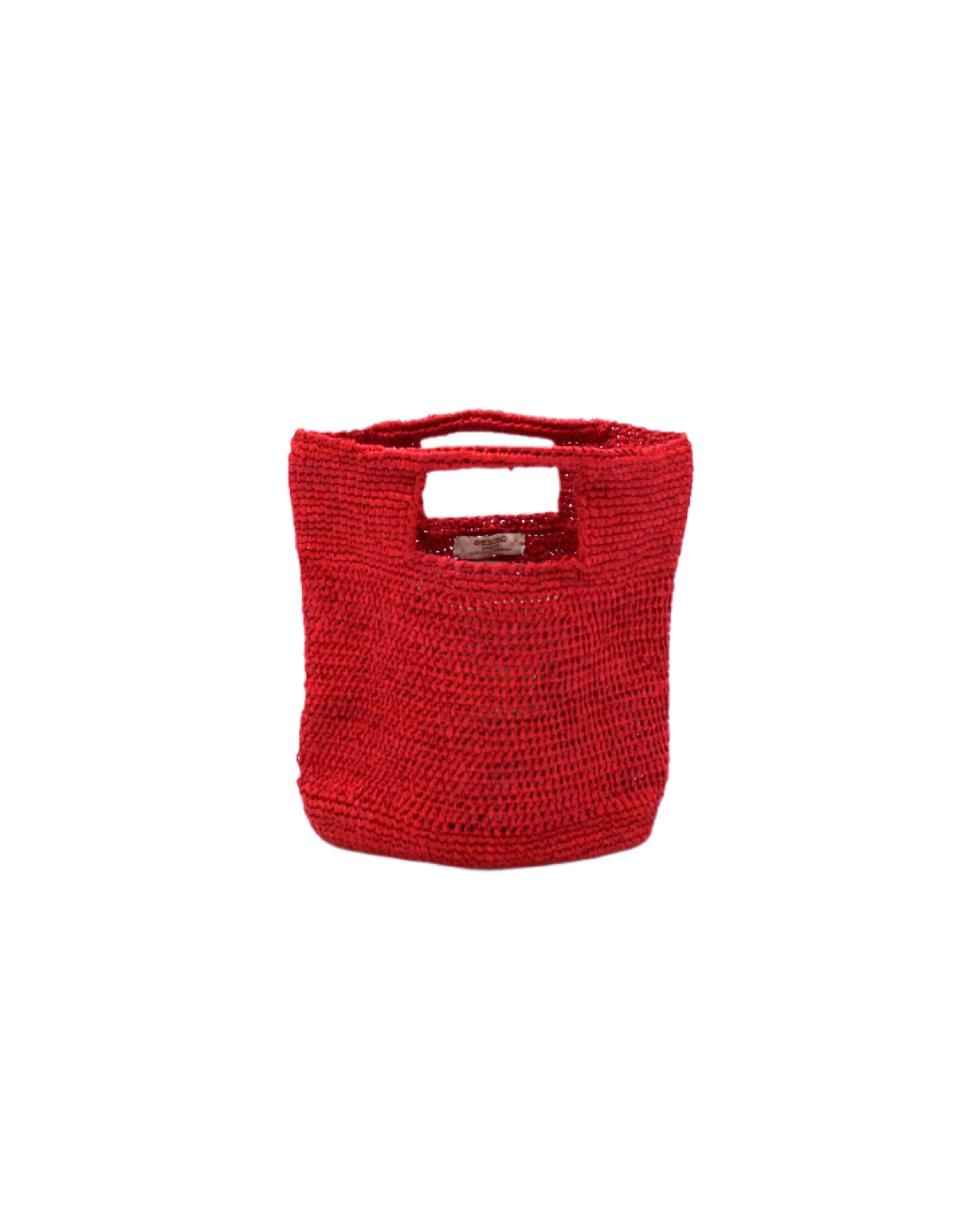 Mini ConCon Crochet Petite Straw Basket handmade woven raffia palm fiber in a solid hue of red making a textured link pattern handbag purse small bag - Shebobo