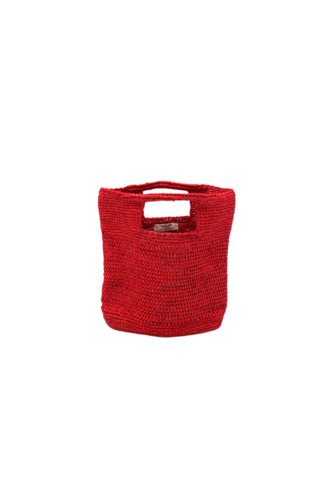 Mini ConCon Crochet Petite Straw Basket handmade woven raffia palm fiber in a solid hue of red making a textured link pattern handbag purse small bag - Shebobo