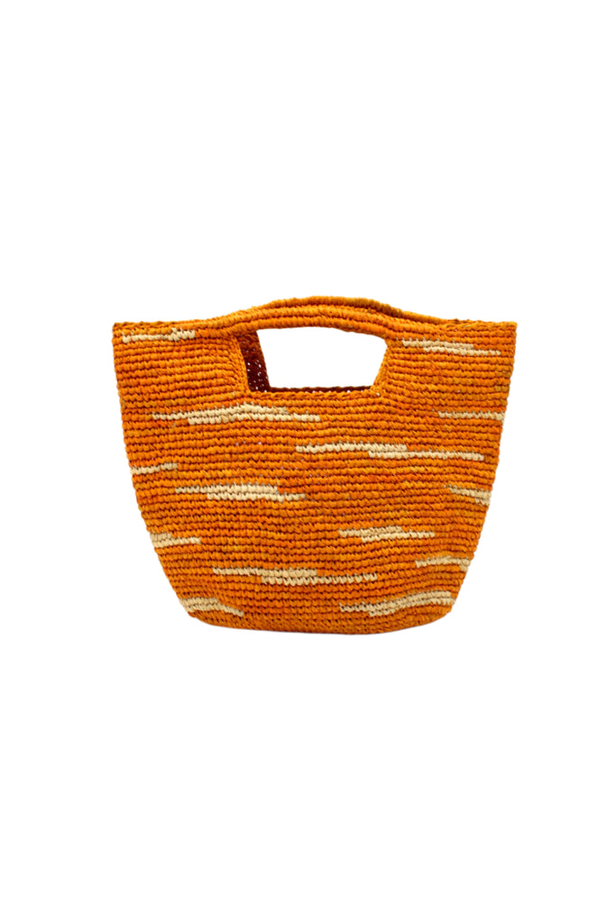 Taylor Mini ConCon Crochet Saffron Straw Basket with Zebra Stripes handmade raffia palm fiber in a horizontal zebra stripe with short lengths of contrasting color in a dash pattern of saffron yellow/orange with natural straw color accent petite handbag purse - Shebobo