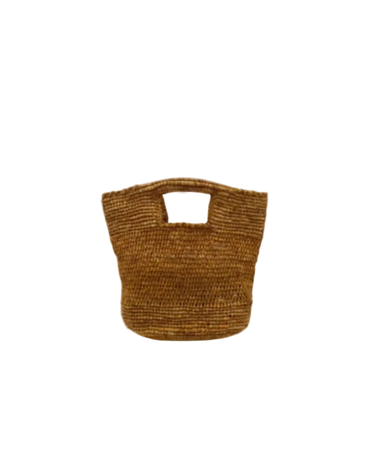 Mini ConCon Crochet Petite Straw Basket handmade woven raffia palm fiber in a solid hue of tobacco dark/cinnamon/ brown color making a textured link pattern handbag purse small bag - Shebobo