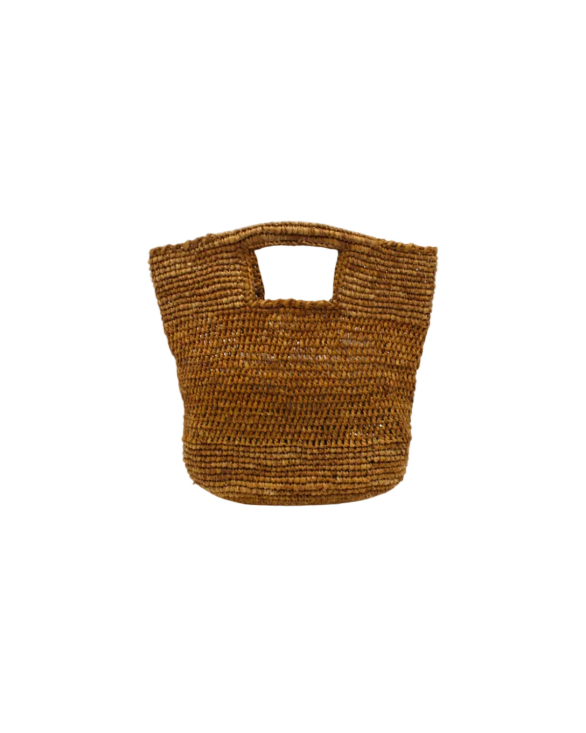 Mini ConCon Crochet Petite Straw Basket handmade woven raffia palm fiber in a solid hue of tobacco dark/cinnamon/ brown color making a textured link pattern handbag purse small bag - Shebobo