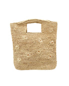 Mini ConCon Flowers Crochet Petite Straw Basket handmade woven raffia palm fiber in a solid hue of natural straw color making a textured link pattern with delicate hand embroidered daisy floral pattern of natural with dot of blush orange/pink in the center of each flower randomly placed around the entire bag handbag purse small bag - Shebobo