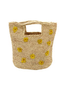 Mini ConCon Flowers Crochet Petite Straw Basket handmade woven raffia palm fiber in a solid hue of natural straw color making a textured link pattern with delicate hand embroidered daisy floral pattern of saffron yellow with dot of coral orange/red in the center of each flower randomly placed around the entire bag handbag purse small bag - Shebobo