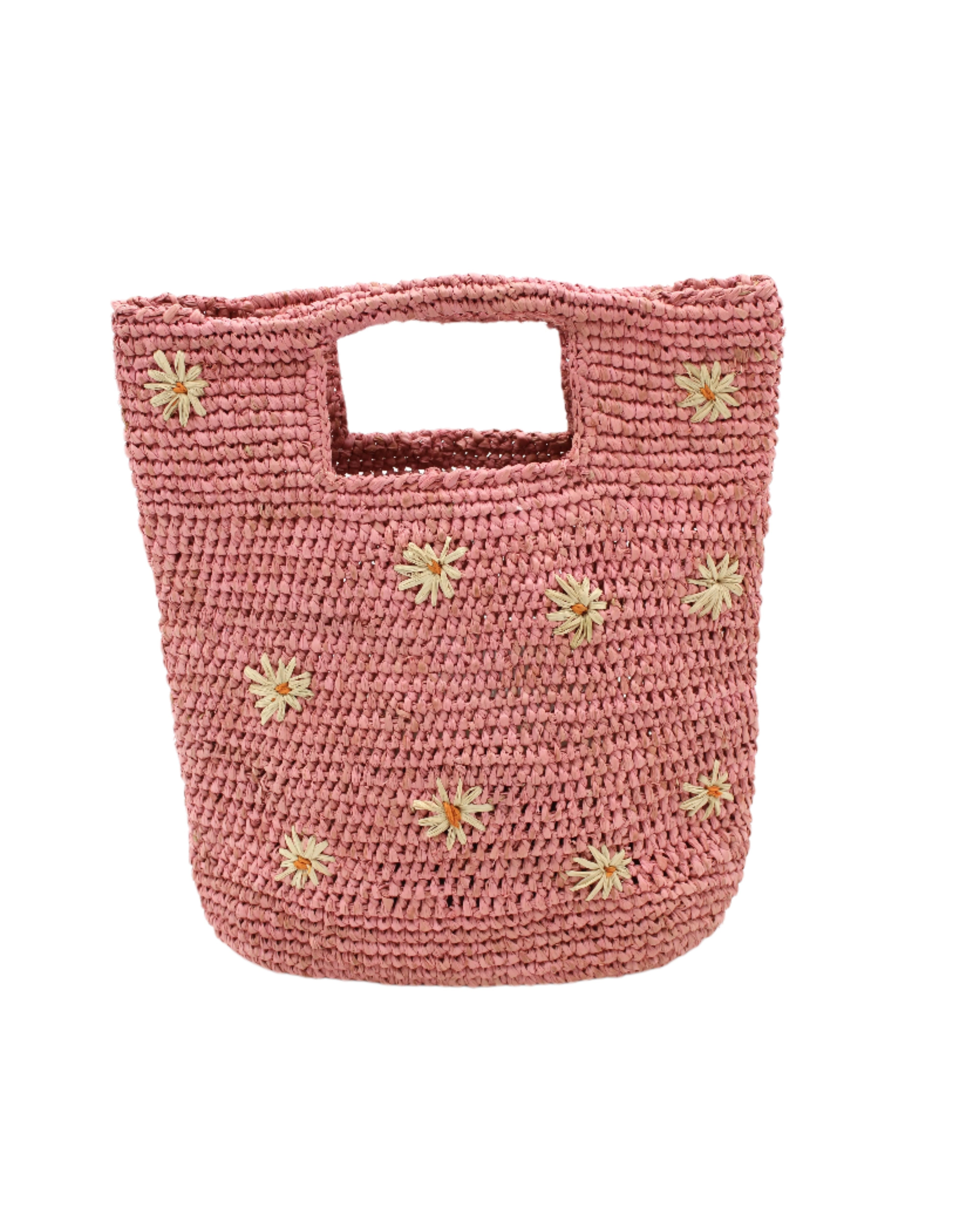 Mini ConCon Flowers Crochet Petite Straw Basket handmade woven raffia palm fiber in a solid hue of pink making a textured link pattern with delicate hand embroidered daisy floral pattern of natural straw color with dot of saffron orange/yellow in the center of each flower randomly placed around the entire bag handbag purse small bag - Shebobo