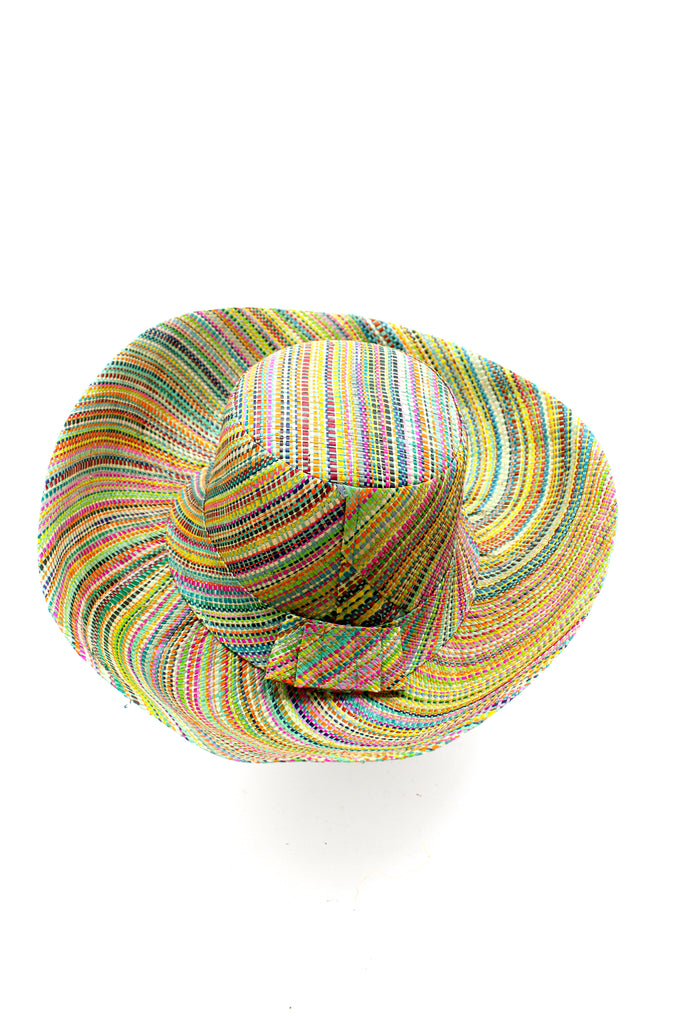 Monica 5" & 7" Wide Brim Seafoam Multi Melange Packable Straw Sun Hat multicolor heather pattern of seafoam blue/green, lime green, turquoise blue, yellow, navy blue, pink, fuchsia, coral orange/red, natural straw color, etc. - Shebobo