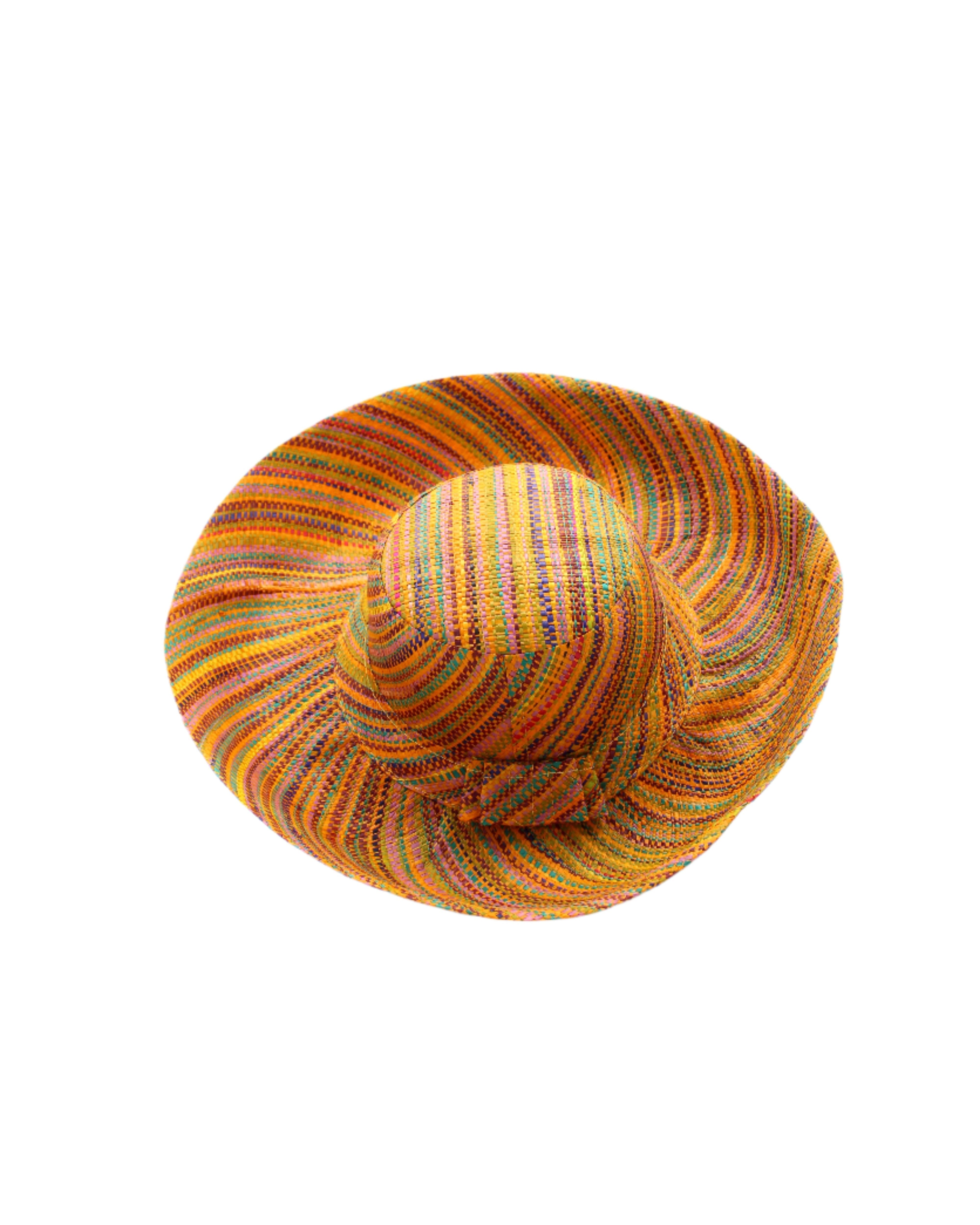 Monica 5" & 7" Wide Brim Saffron Multi Melange Packable Straw Sun Hat handmade loomed raffia heather swirl pattern of saffron yellow, orange, red, bordeaux, green, pink, blue, etc. - Shebobo