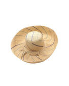 Monica 5" or 7" wide brim natural and Blues multicolor pinstripes packable raffia straw hat handmade loomed raffia in wide bands of natural straw color with narrow bands of dusk navy/dark/blue, light blue, turquoise blue, denim retro/light/blue create a stripe swirl pattern - Shebobo