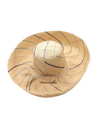 Monica 5" or 7" wide brim natural and Blues multicolor pinstripes packable raffia straw hat handmade loomed raffia in wide bands of natural straw color with narrow bands of dusk navy/dark/blue, light blue, turquoise blue, denim retro/light/blue create a stripe swirl pattern - Shebobo