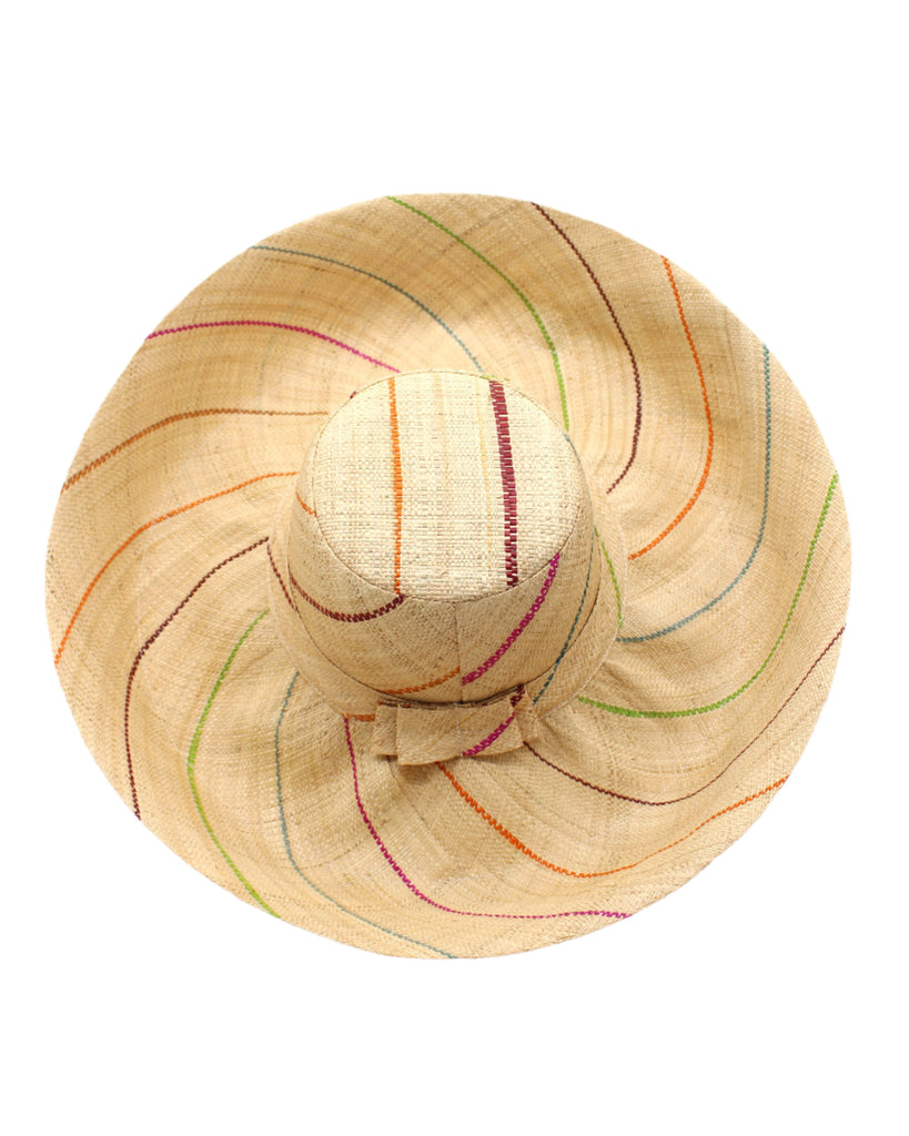 Monica 5" or 7" wide brim natural and multicolor pinstripes packable raffia straw hat handmade loomed raffia in wide bands of natural straw color with narrow bands of lime green, bordeaux red, fuchsia pink, orange, cinnaon/tobacco/brown, blush orange/pink, etc. create a stripe swirl pattern - Shebobo