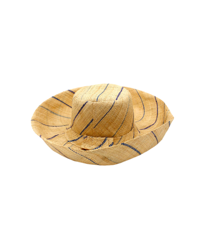 Monica 5" or 7" wide brim natural and multicolor pinstripes packable raffia straw hat handmade loomed raffia in wide bands of natural straw color with narrow bands of dusk navy/dark/blue, turquoise blue/green, denim retro/light/blue, etc. create a stripe swirl pattern - Shebobo