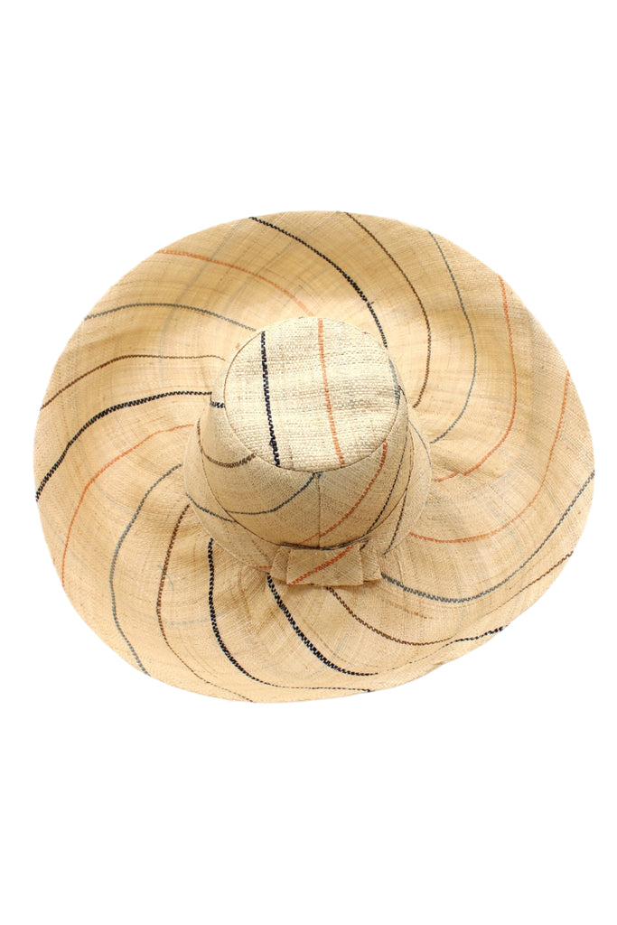Monica 5" or 7" wide brim natural and Neutrals multicolor pinstripes packable raffia straw hat handmade loomed raffia in wide bands of natural straw color with narrow bands of blush orange/pink, cinnamon/tobacco/brown, black, and grey create a stripe swirl pattern - Shebobo