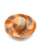 Monica 5" & 7" Wide Brim Blush Swirl Multicolor Stripe Pattern Packable Straw Sun Hat handmade loomed raffia in multi width bands of blush orange/pink, grey, and natural straw color create a striped swirl pattern - Shebobo