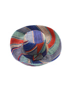 5" & 7" Wide Brim Coral & Blue Swirl Multicolor Stripes Packable Straw Sun Hat Handmade loomed raffia in multi width bands of denim light/blue, navy dark/blue, coral orange/red, seafoam light/blue/green, and natural straw color create a swirl pattern - Shebobo